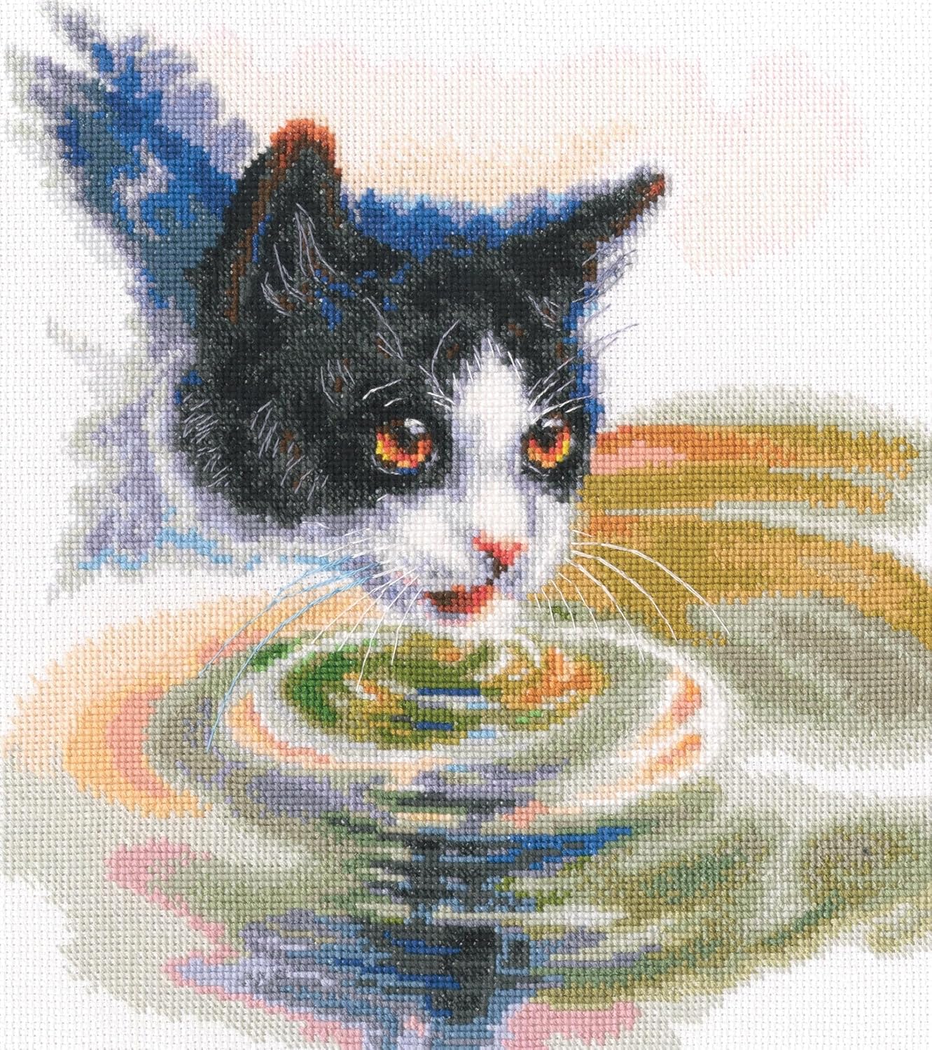Wizardi Counted Cross Stitch Kit "Fuzzy Observer" M710 – Kitten with Blue Eyes, 14ct White Zweigart Aida DMC 28 Colors Floss, Needle, Chart, 7.09x7.09" Kit for Adult RTO