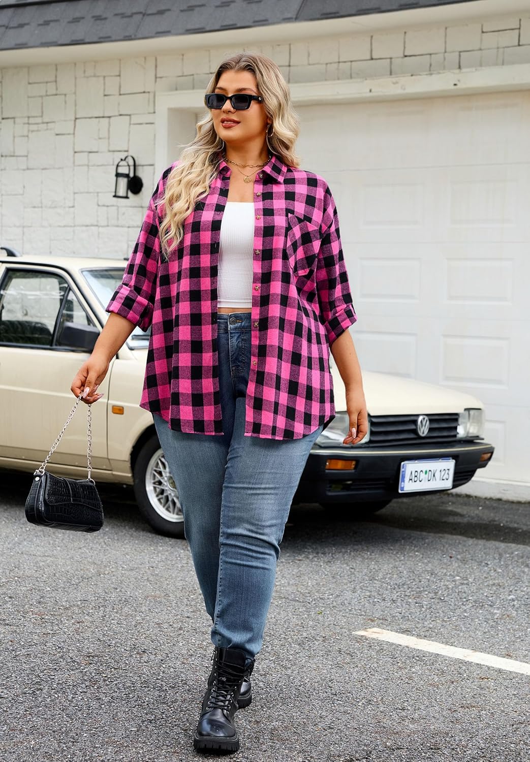 Womens Plus Size Flannel Shirts Long Sleeve Button Down Plaid Shirt Roll Up Oversize Checkered Blouse Top Fall - Image 4
