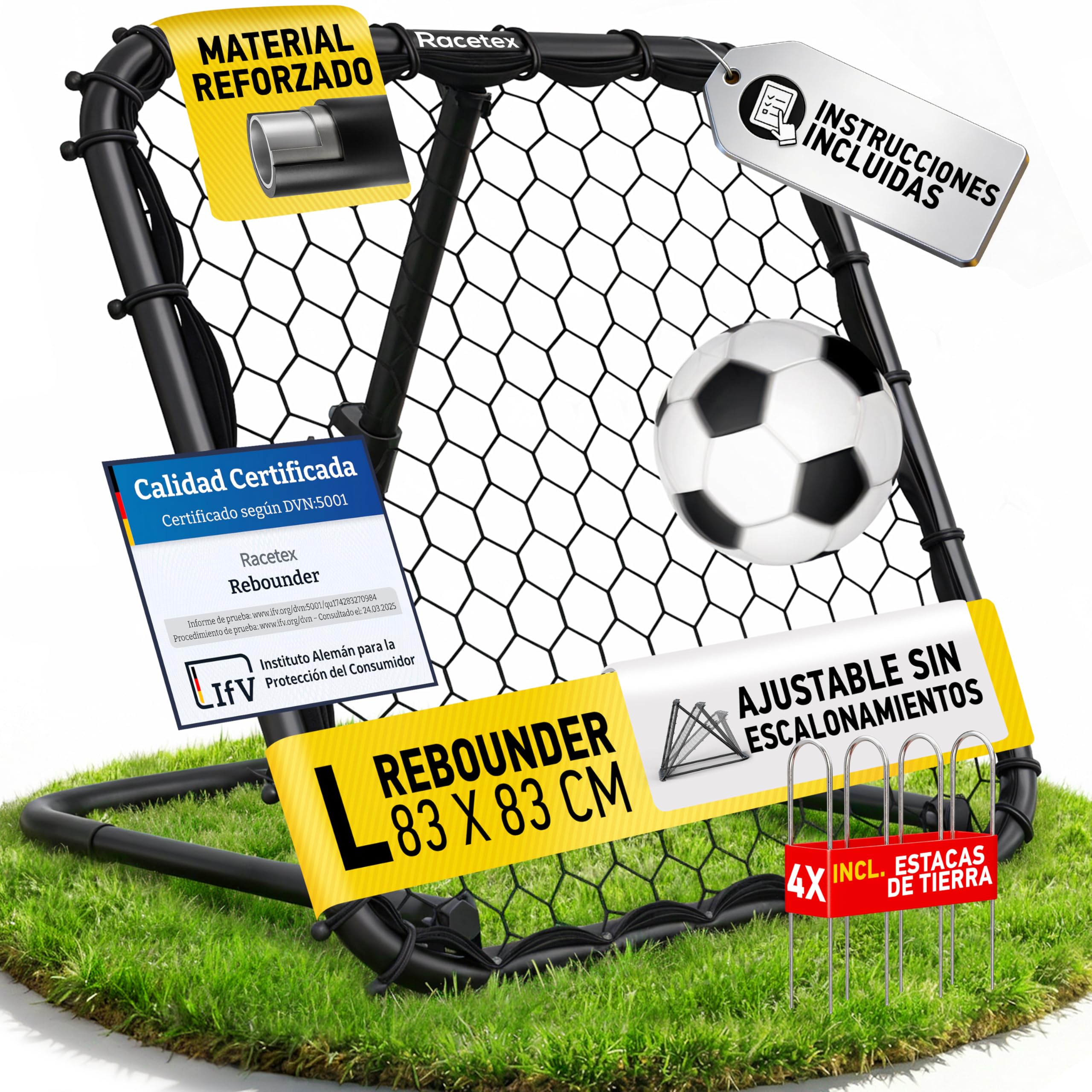 Racetex Reboteador Futbol INFINITAMENTE Ajustable- Kit Entrenamiento Futbol | 125cm x 125cm, Tamaño XXL, Uso en Exteriores, Entrenamiento Fútbol