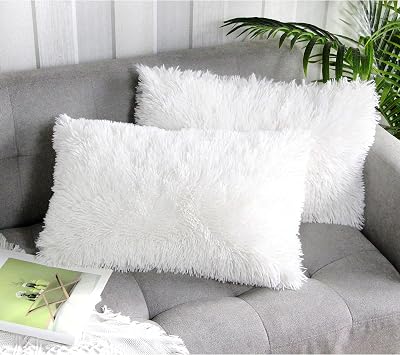 Uhomy 2 Packs Fall Winter Home Decorative White Fluffy Plush Pillow Cover 12"x20", Luxury White Faux Fur Throw Pillow Case Square Cushion Pillow Cover for Sofa Bed,Zippered True White 30x50 cm