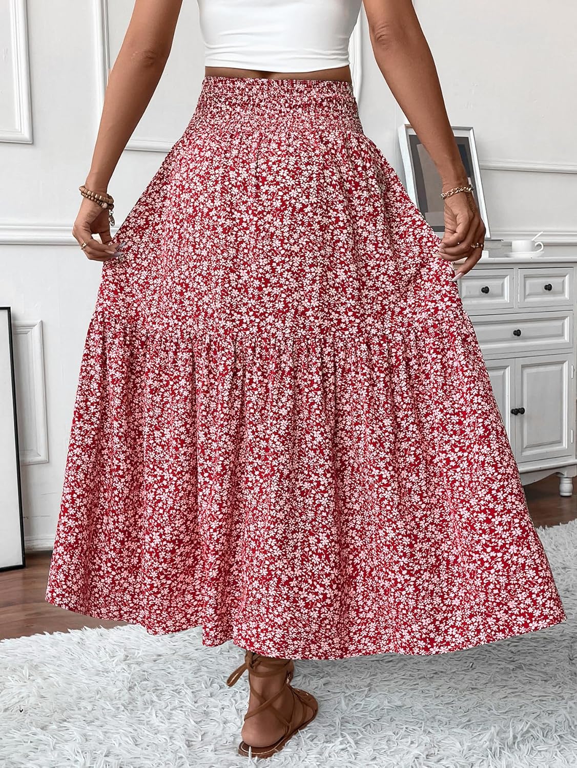 Women's Smocked High Waist Maxi Skirt Casual Boho Long Skirts with Pockets - Image 2