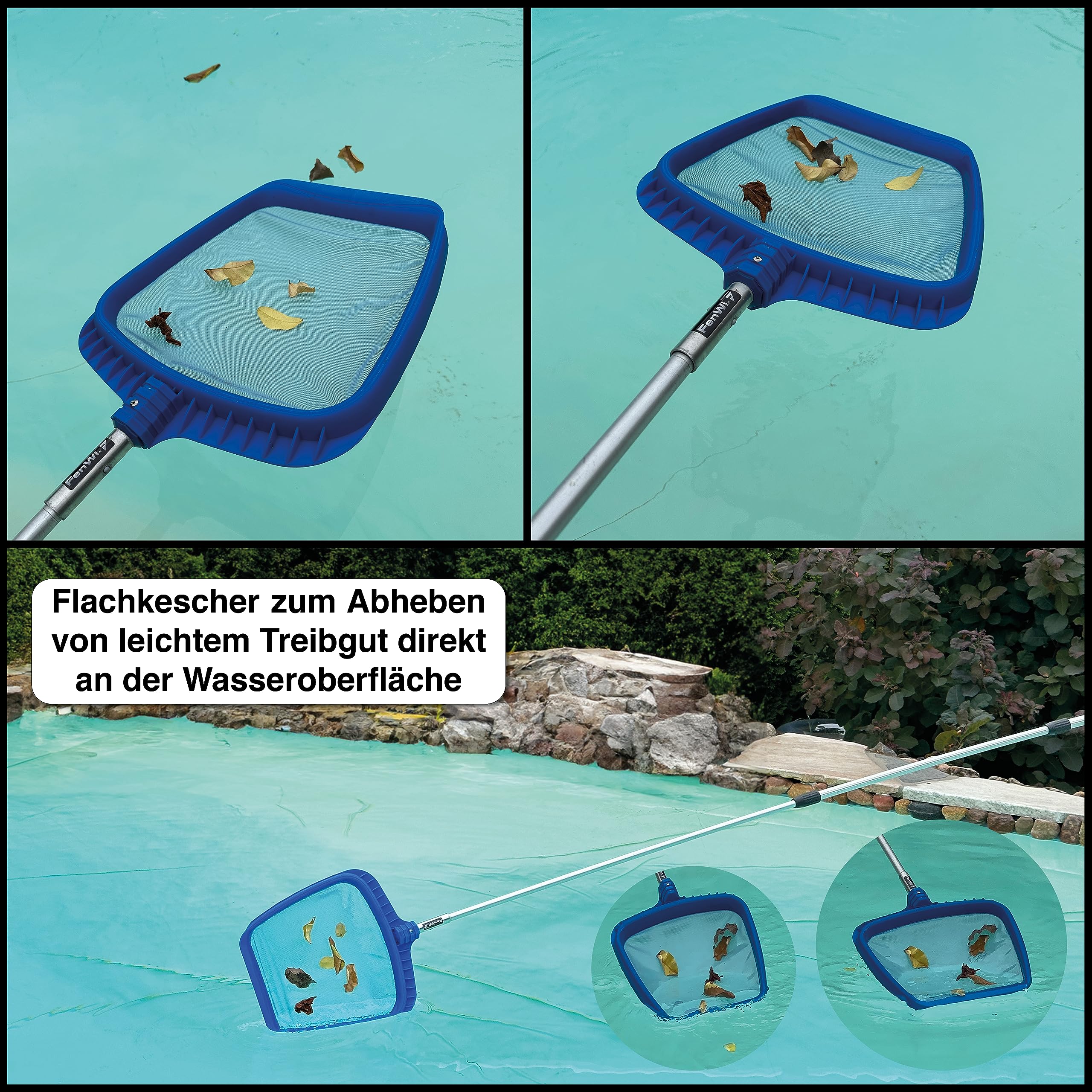 FenWi 4m Komplett Set zur Poolreinigung und Teichreinigung / 2X Kescher und 2X Bürste/Teleskopstange mit Oberflächenkescher Tiefenkescher Poolbürste Teichbürste