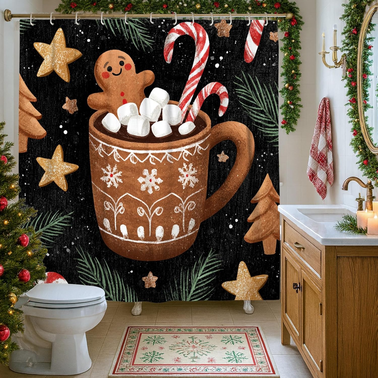 4pcs Christmas Shower Curtain Set, Brown Gingerbread Hot Cocoa Bath Mat Rugs Accessories for Holiday Decor, Winter Modern Waterproof Fabric Shower Curtain Set with Hooks 72x72 Inch