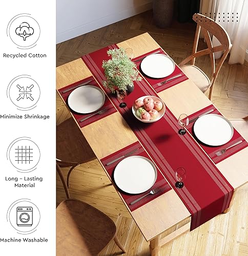 Vista 123 de Encasa XO Camino de mesa de comedor de 13 x 98 pulgadas Algodón acanalado fino teñido con hilo Rojo sólido para mesa de comedor, decoración