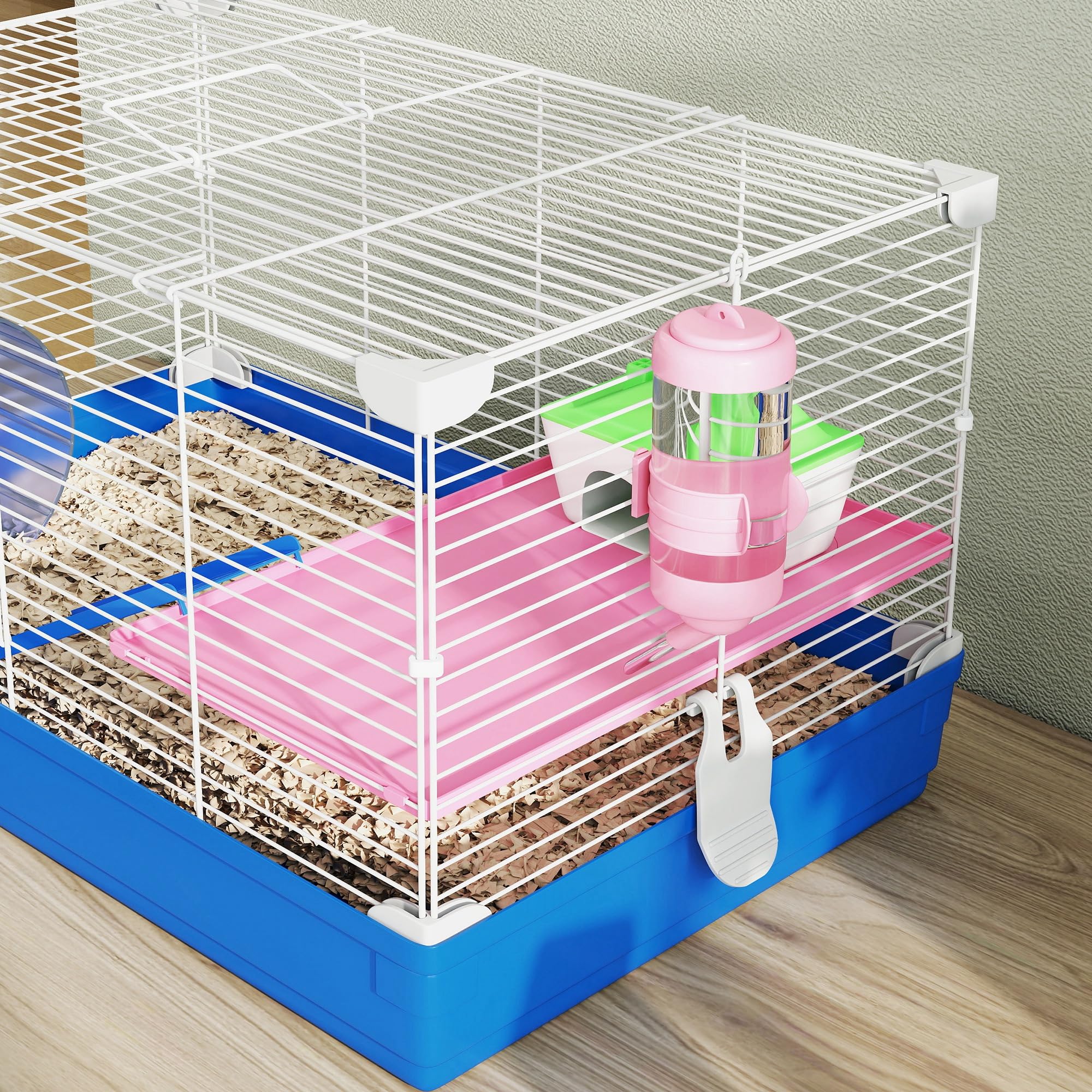 PawHut Jaula para Hámster, Casa para Roedores Pequeños con Rueda de Ejercicio, Cuenco, Bebedero, Casita, Rampas, Plataforma, Bandeja Extraíble, para Jerbos, 47x30x27 cm, Azul