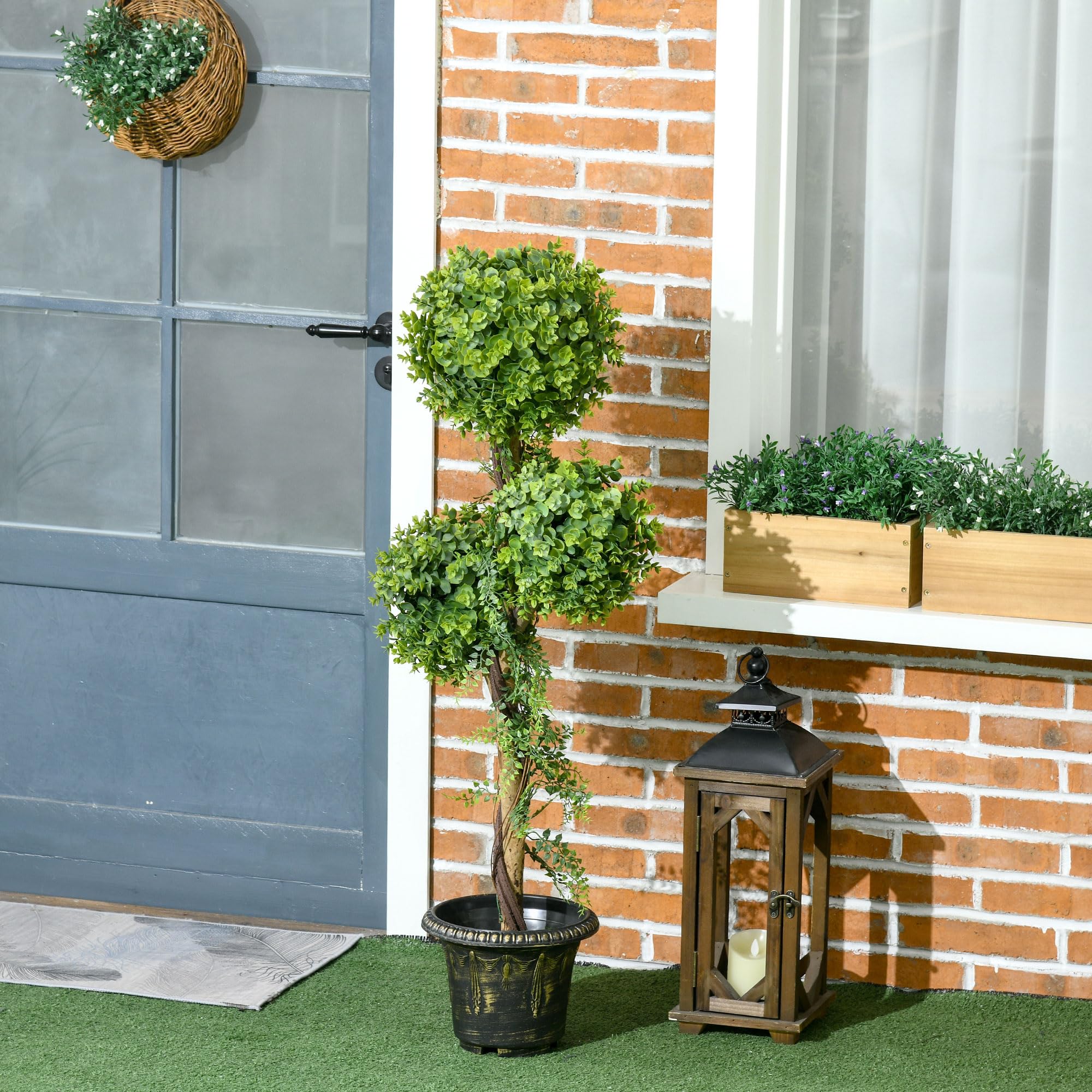 HOMCOM Pianta artificiale 3 palle di bosso con vaso in cemento, per interni ed esterni, altezza 115 cm