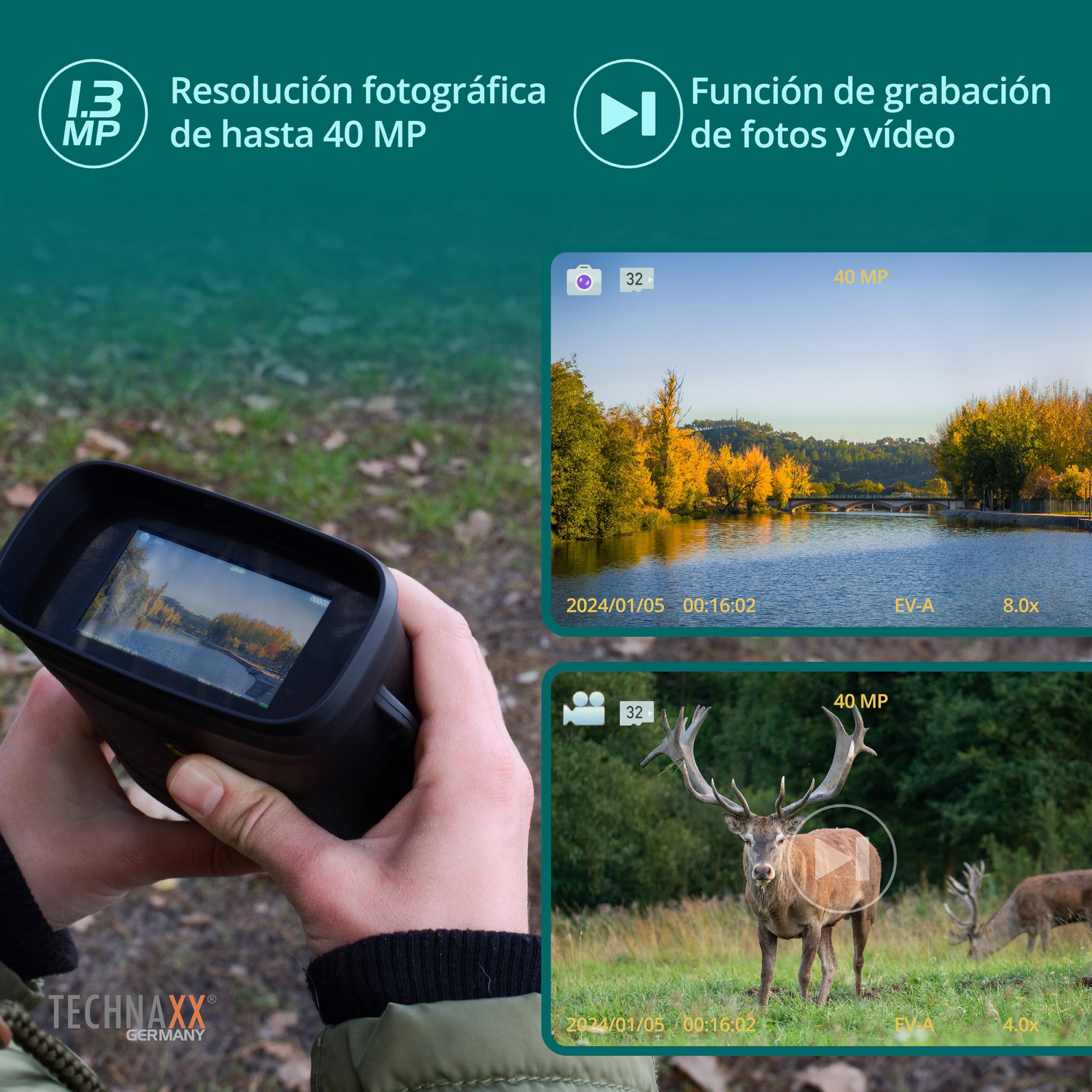 Technaxx Visor Nocturno – Video Full HD 1080p y Foto 40MP – Aumento Óptico 4X, Zoom Digital 8X – LED IR 850nm hasta 150m – Pantalla IPS 3 Pulgadas – Batería 2500mAh – para Caza y Outdoor - TX-257