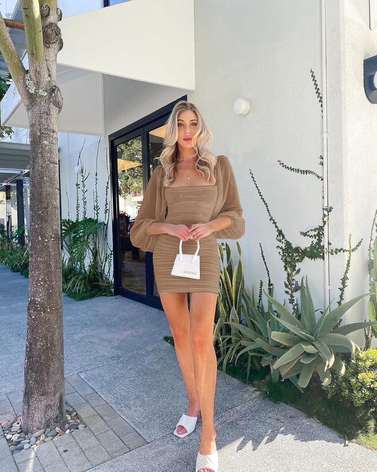 Wenrine Women's Mesh Long Sleeve Square Neck Ruched Party Club Cocktail Bodycon Mini Dress - Image 5