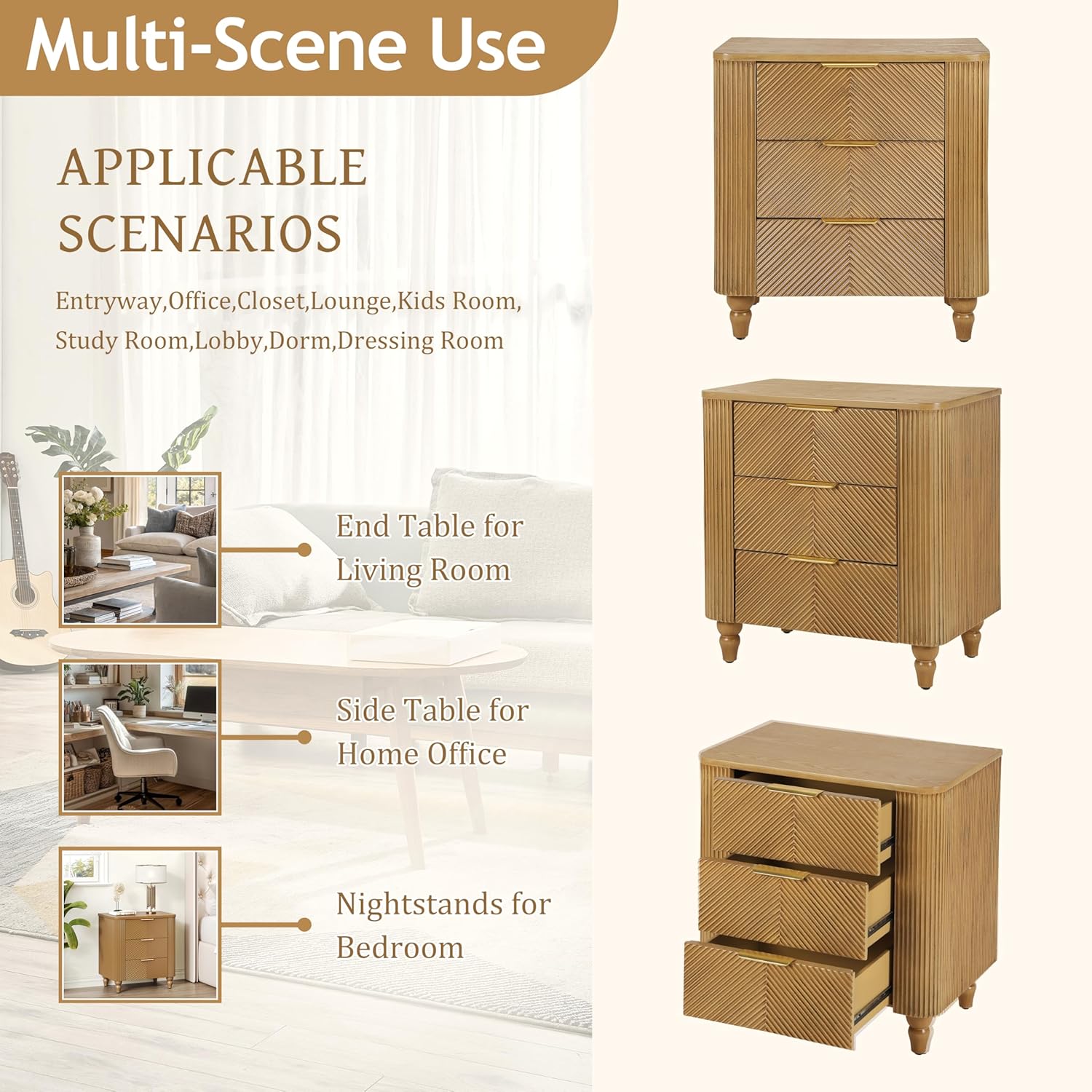 Merax Fluted 3 Drawers Dresser, 22.8" Wide Large Mid Century Fluted Nightstand, Wood Dresser & Chest of Drawers with Curved Profile & Metal Handle, Bedside End Table for Bedroom Living Room, Natural