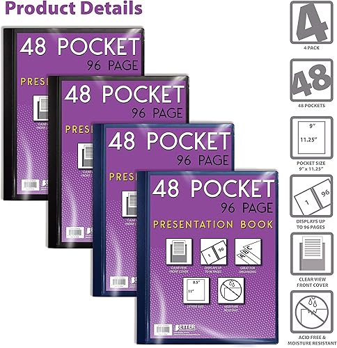 Miniatura 3 de Better Office Products Libro de presentación encuadernado con 48 bolsillos, colores surtidos, cubierta frontal transparente, 96 páginas protectoras