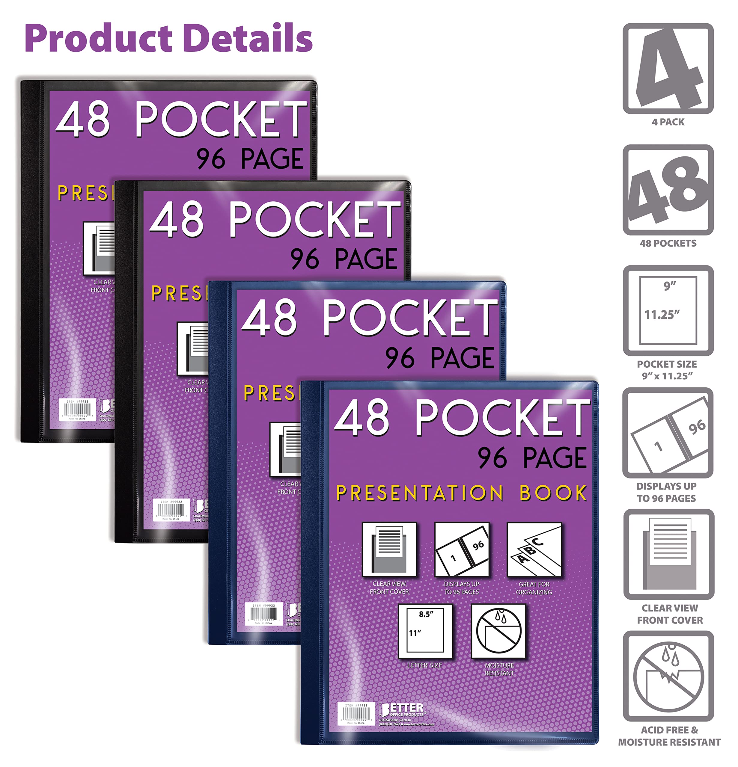 Better Office Products Lot de 4 cahiers de présentation à 48 pochettes - Couleurs assorties - Avant transparent - 96 pages de protection - Feuilles de 21,6 x 27,9 cm