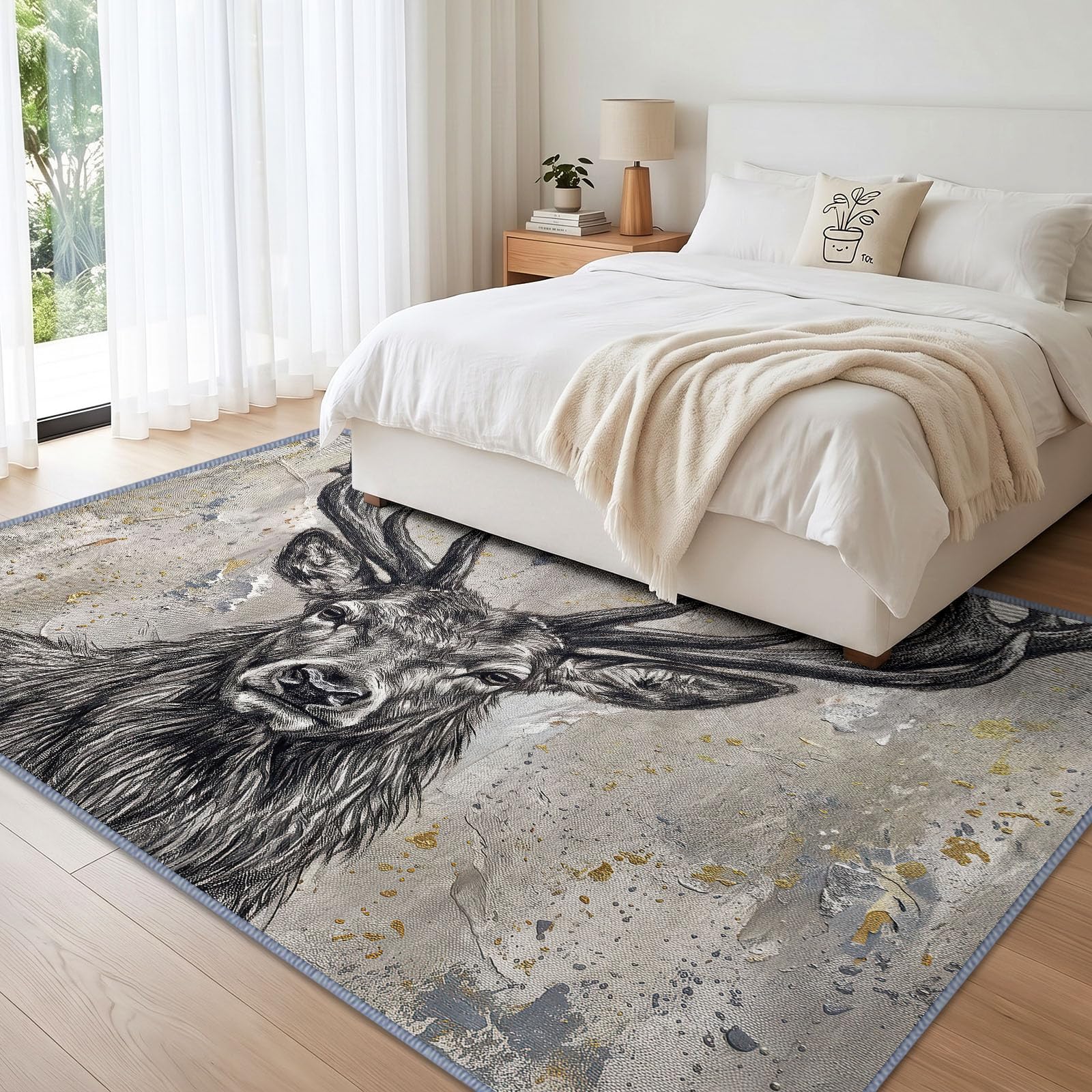 Générique Ręcznie malowany dywan ze zwierzętami salon czarny jeleń, można prać w pralce 180 x 240 cm duży dywan z krótkim włosiem antypoślizgowy miękki dla dorosłych sypialnia jadalnia biuro