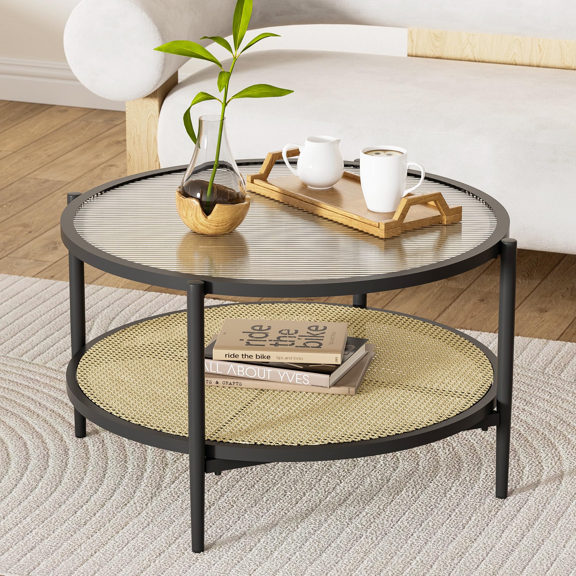 29 5 Round Coffee Table Black Rattan Glass 2-Tier Modern Boho Side Table for Living Room Mid Century