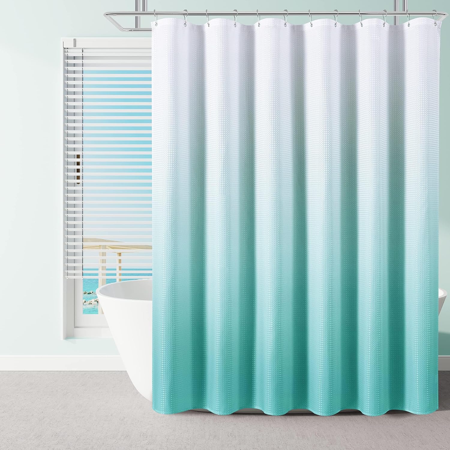 Aqua Blue Shower Curtain Set, Polyester Ombre Curtains for Bathroom, Water Repellent Textured Fabric Bath Shower Curtain with 12 Hooks,Machine Washable (72 x 84 inch, Aqua)