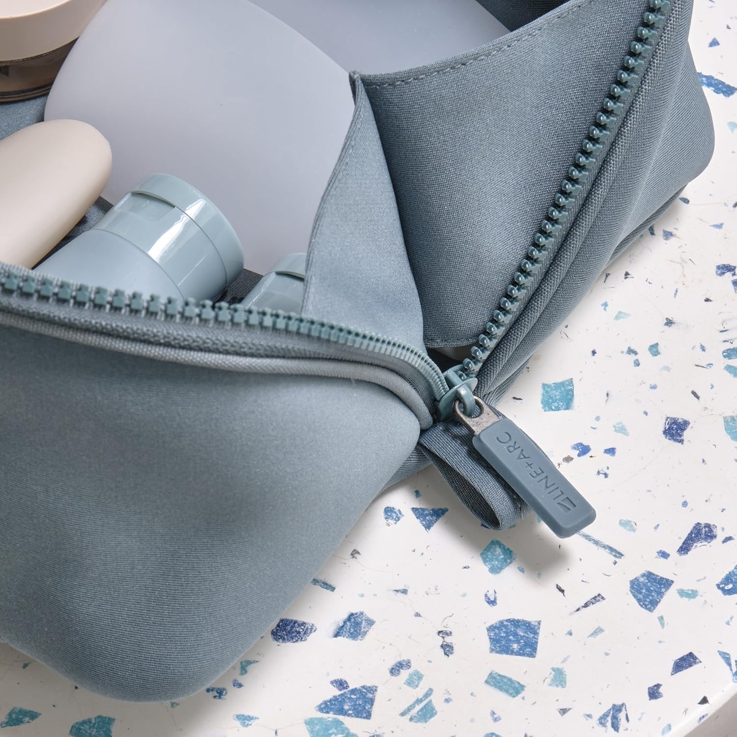 LINE+ARC Machine-Washable Neoprene Toiletry Bag (Sage) Modern Green Dopp Kit Soft Insulation for Cosmetics Makeup Travel Skincare Shaving Large Case Men Women Overnight Easy-to-Clean - Image 8