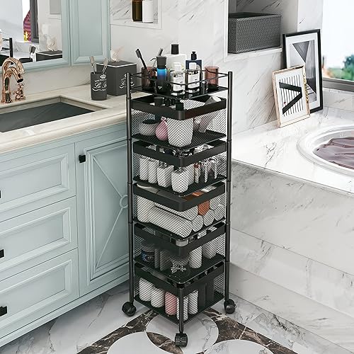 Vista 25 de Estante giratorio de almacenamiento de cocina, carrito de cesta de frutas y verduras, estante de baño, organizador de cocina y estante