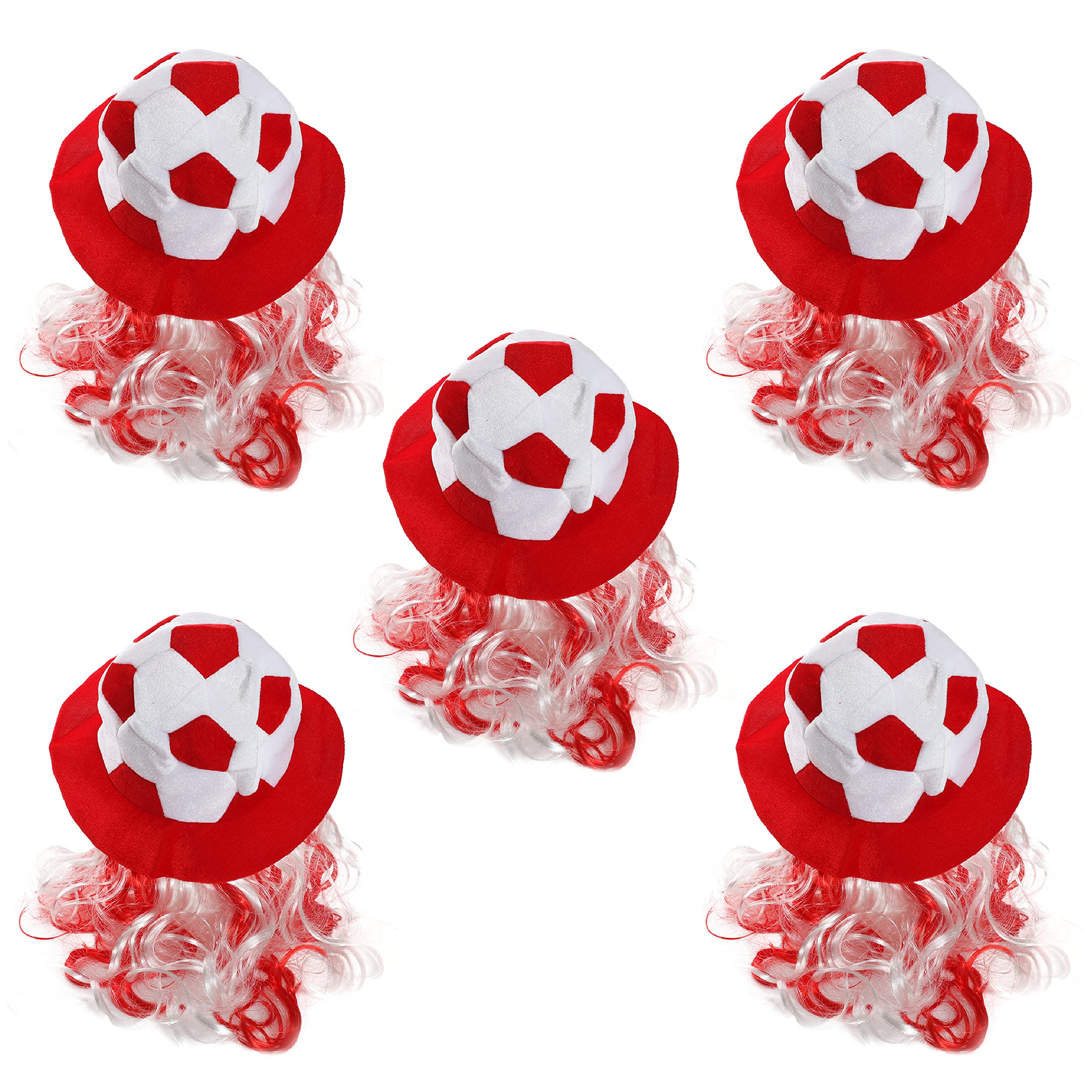 I LOVE FANCY DRESS Adults England Football Hat - Pack of 5 - Red & White English Football Supporters Hat with Attached Red & White Hair - Novelty England Football Flag Hat