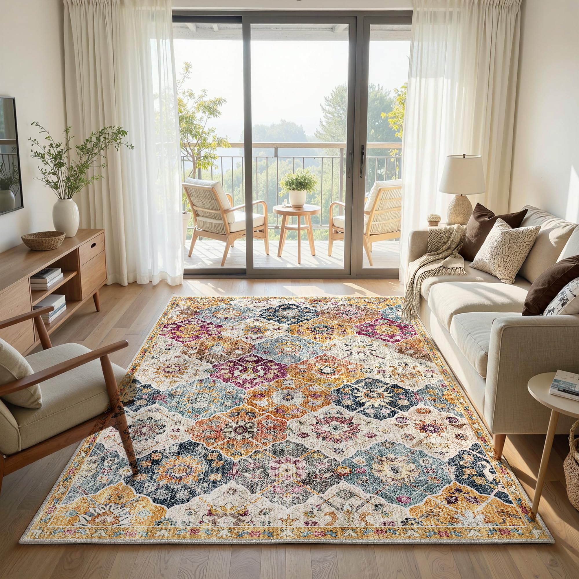 Boho Retro Wohnzimmer Teppich 160x230 cm, Kurzflor Teppich mit Blumenmuster, 1200g/m³ Polyester Maschinwaschbar mit Rutschfester TPE-Unterlage für Schlafzimmer, Esszimmer, Küche, läufer, Bunt