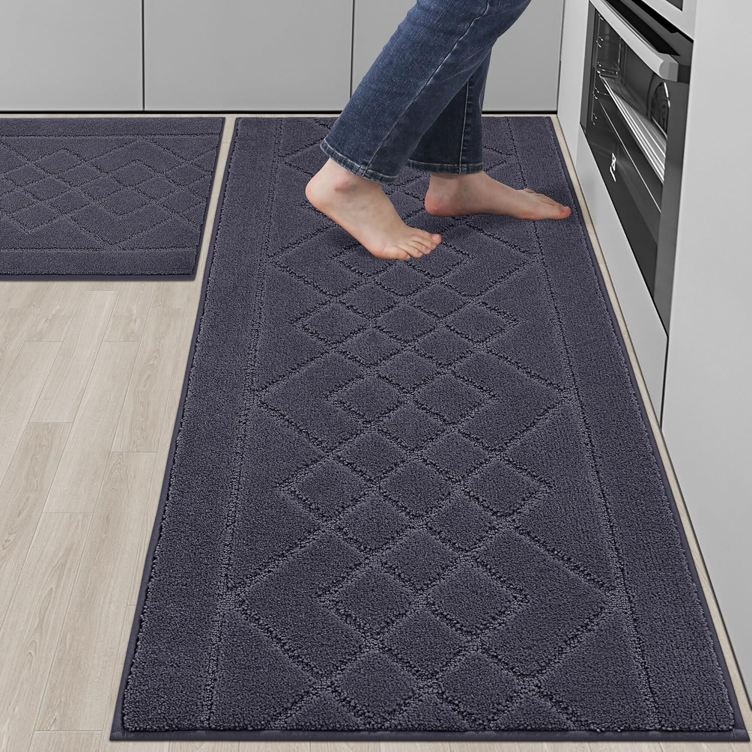 BEQHAUSE Kitchen Mats for Floor 2PCS, Kitchen Rugs Non-Slip Washable, Kitchen Runner Rug Absorbent and Stain Resistant, Floor Mat for Kitchen, Laundry & Sink, 24"x36"+24"x60", Dark Grey