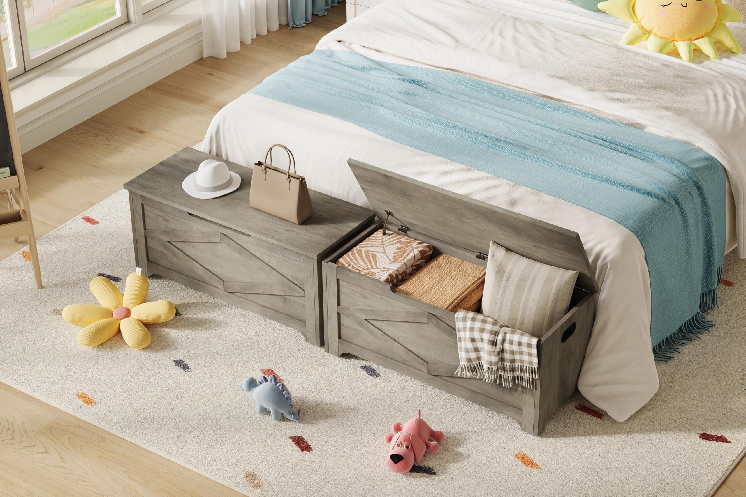 GarveeHome Graue Sitzbare Aufbewahrungsbox im Bauernhaus-Stil, 136kg Tragfähigkeit, Großkapazität Für Spielzeug & Kleidung, Für Kinderzimmer & Wohnzimmer, Größe 100 x 40 x 45 cm
