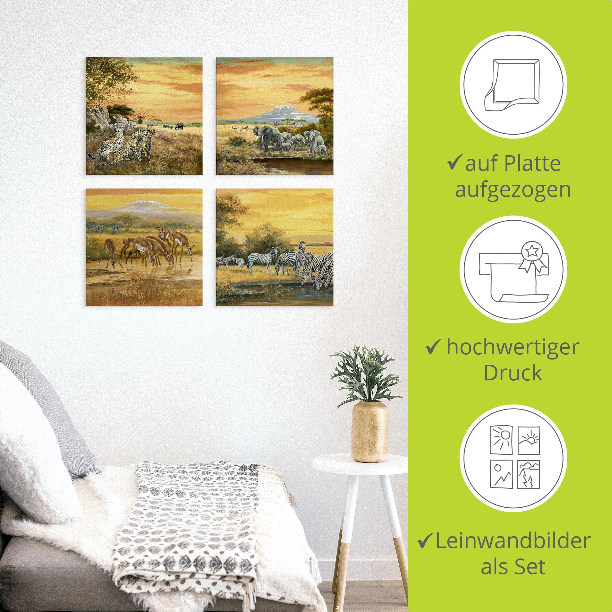 ARTLAND Wanddeko Leinwand Bilder Set 4tlg. je 40x40 cm Quadratisch Wandbilder Tiermotive Geparden Elefanten Zebras Steppe Afrika K2KL