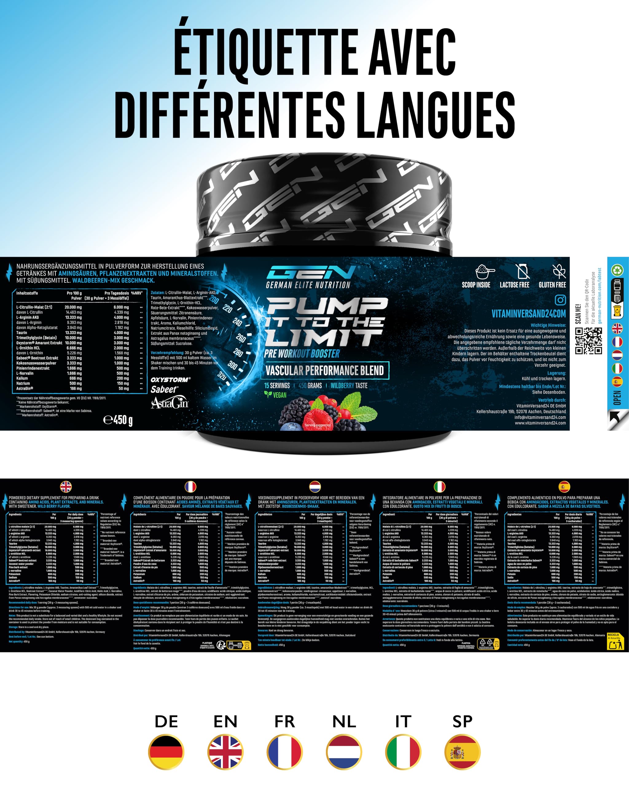 Pump it to the Limit - Pump Booster Sans Caféine - Avec OxyStorm®, Sabeet®, AstraGin®, Citrulline Malate & AAKG - Pre Workout Sans Stimulants pour un Pump Maximal - 450 g Wildberry