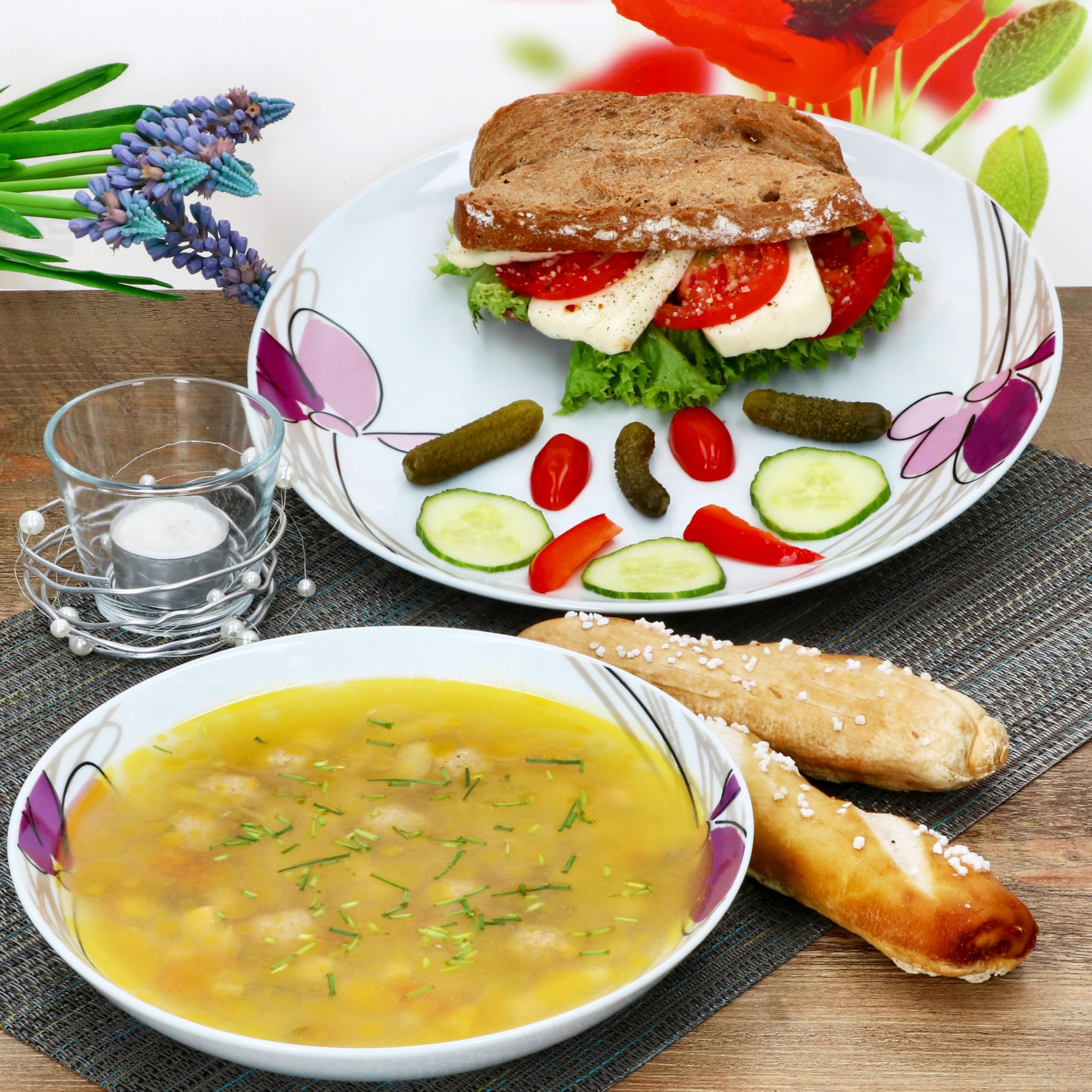 MamboCat Viola Servizio da tavola 12 pezzi, stoviglie in porcellana con decorazione floreale per 6 persone, 6 piatti fondi e 6 piatti piani per colazione, pranzo e pane cena