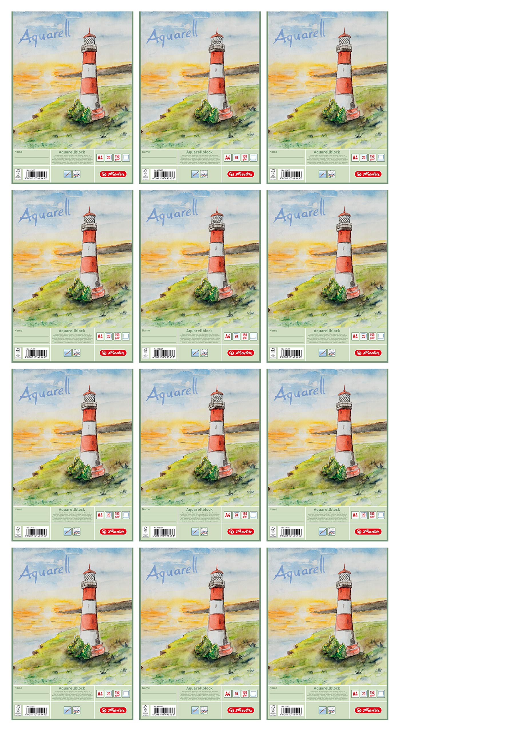 Herlitz 495457 Aquarellpapier, Aquarellkarton, A4, 150 g/qm, 20 Blatt (12er Pack)