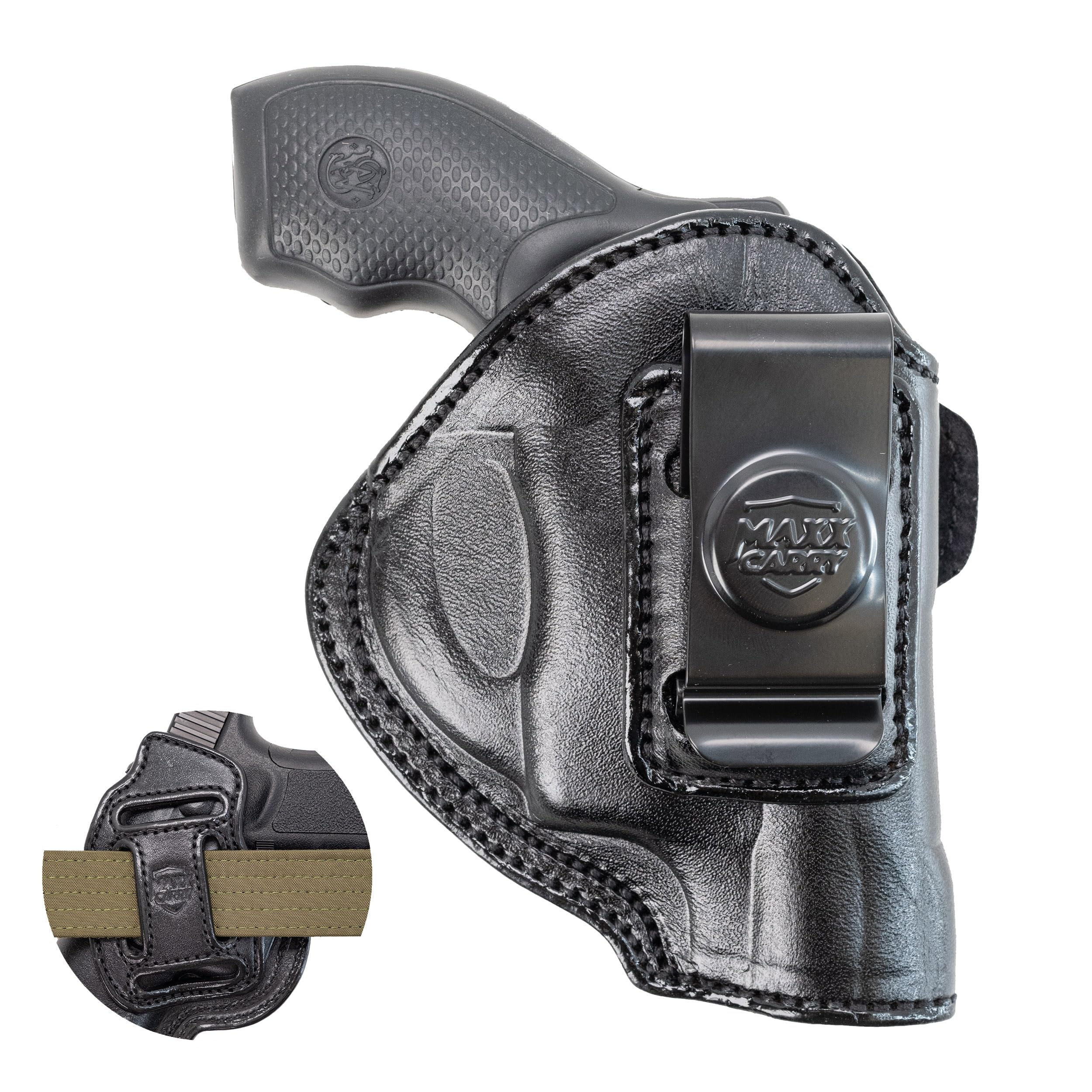 Maxx Carry Multi-Carry 4-Way OWB & IWB Premium Leather Gun Holster fits J Frame Revolver Holster for S&W Models 442 and 642 Airweight, 637, 638, 640 and Other .38 Special Snub Nose Revolvers.