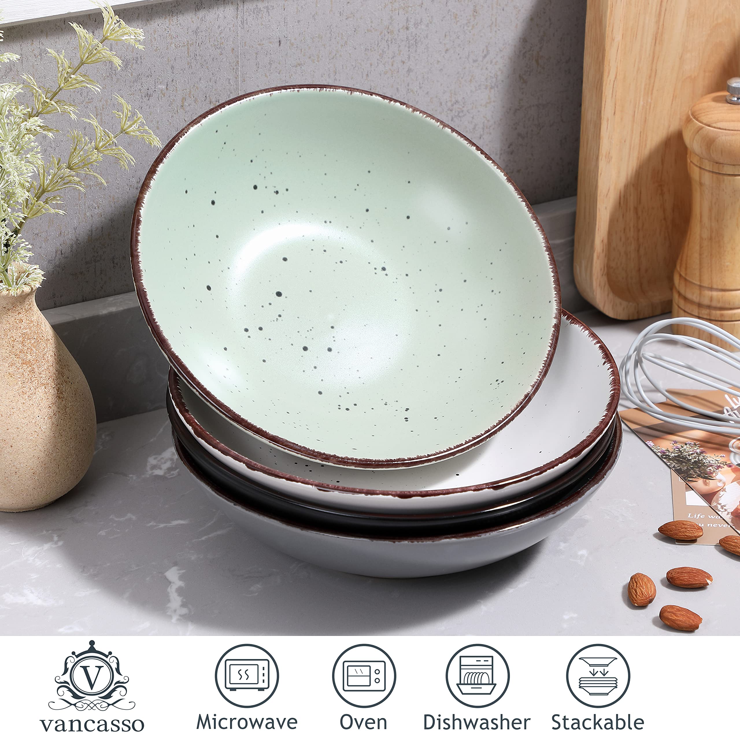 vancasso, Série Moda, Assiette Creuse en Céramique, Assiette à Soupe Saladier - 12 Pièces
