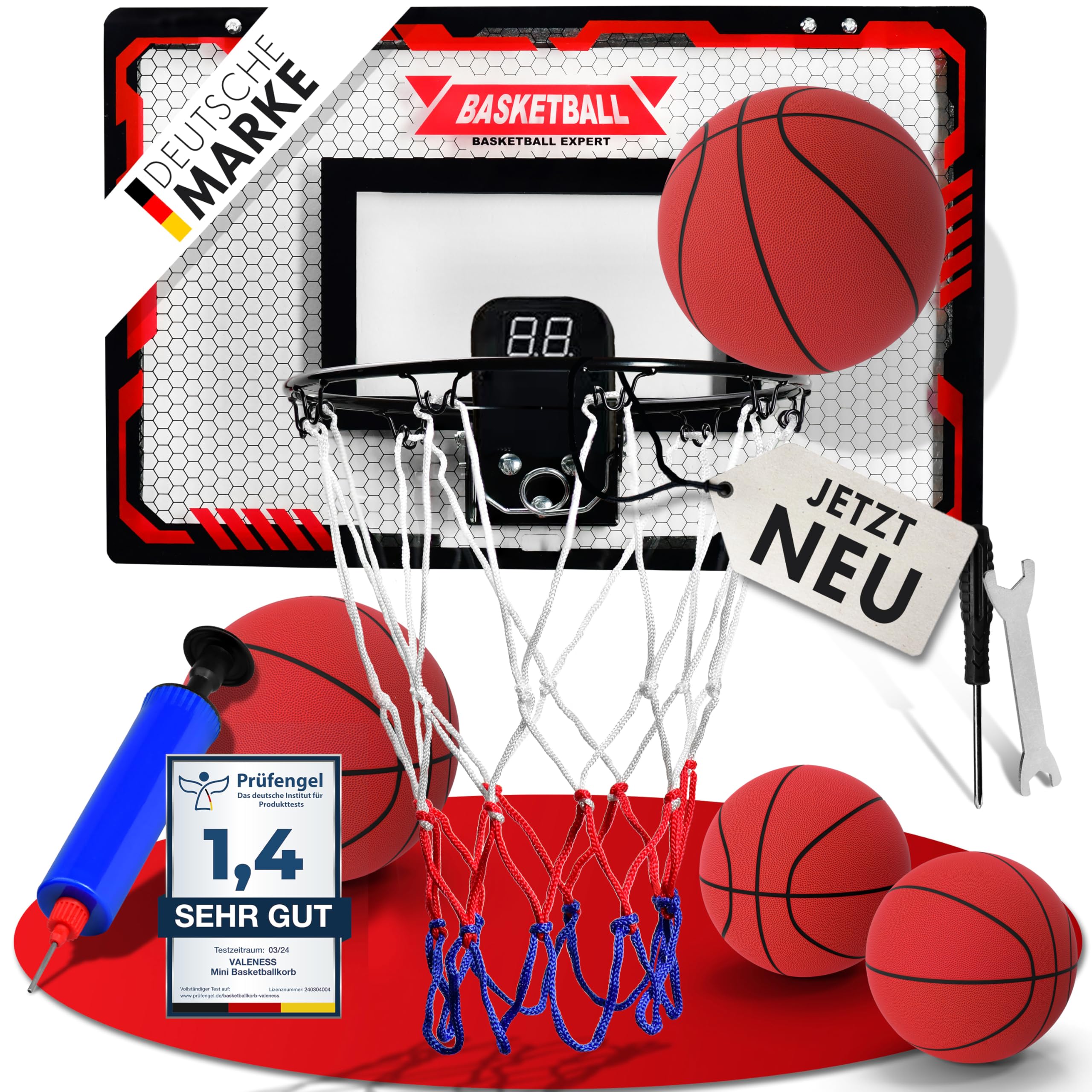 VALENESS® Mini Basketballkorb Indoor [für Tür & Wandmontage] - Kleiner Basketball Korb mit Dunk-Funktion, 4 Bällen, Pumpe & Befestigungszubehör - für Kinder & Erwachsene
