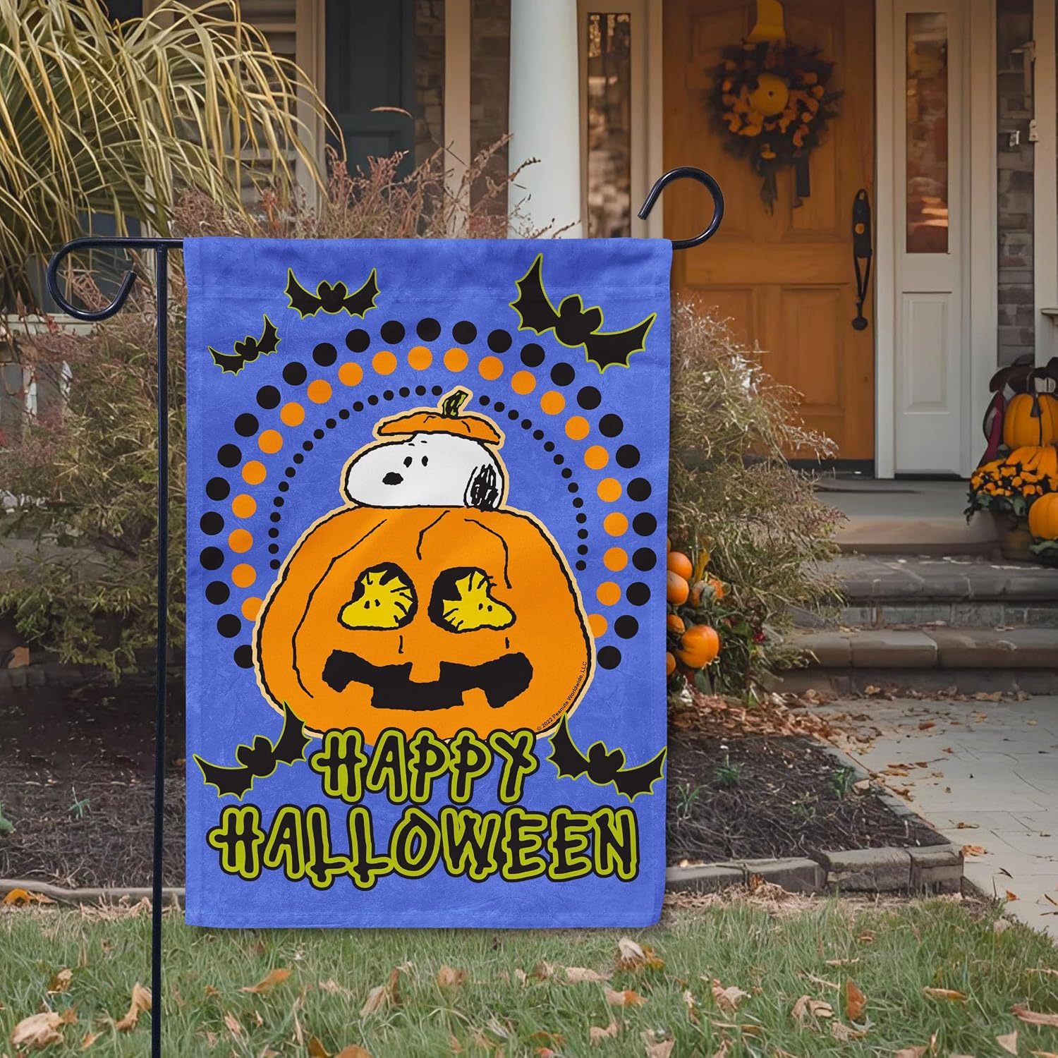 Flagology, PEANUTS Halloween Snoopy Jack O'Lantern – Garden Flag 12" x 18", Outdoor Flag, Exclusive Premium Fabric, Officially Licensed PEANUTS®, Halloween