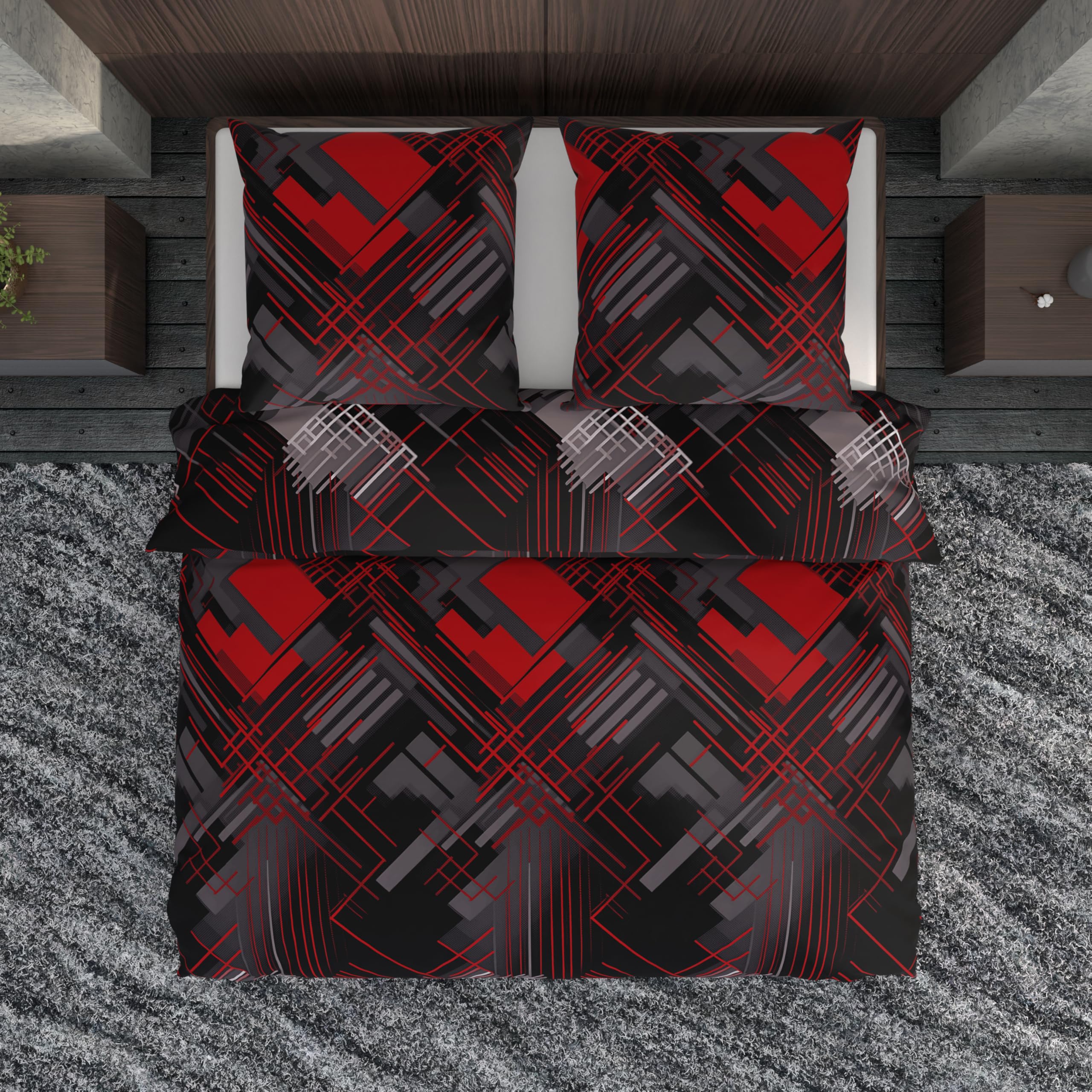 LARAWELL Biancheria da letto 135 x 200 cm, in cotone per tutto l'anno, set di biancheria da letto rosso grigio astratto geometrico Premium