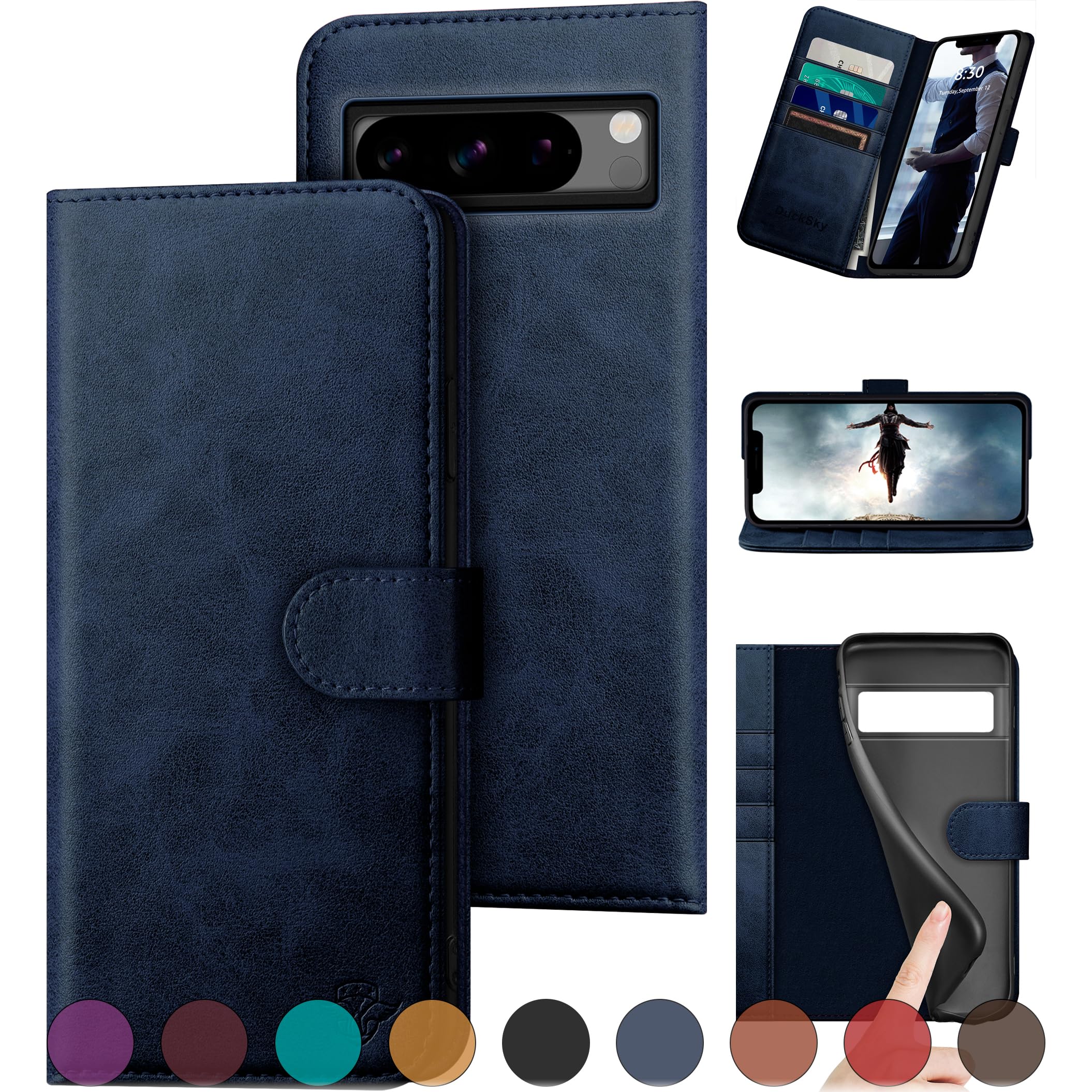 DuckSky for Google Pixel 8 Pro Genuine Leather Wallet case 【RFID Blocking】【4 Credit Card Holder】【Real Leather】 Flip Folio Book Phone case Protective