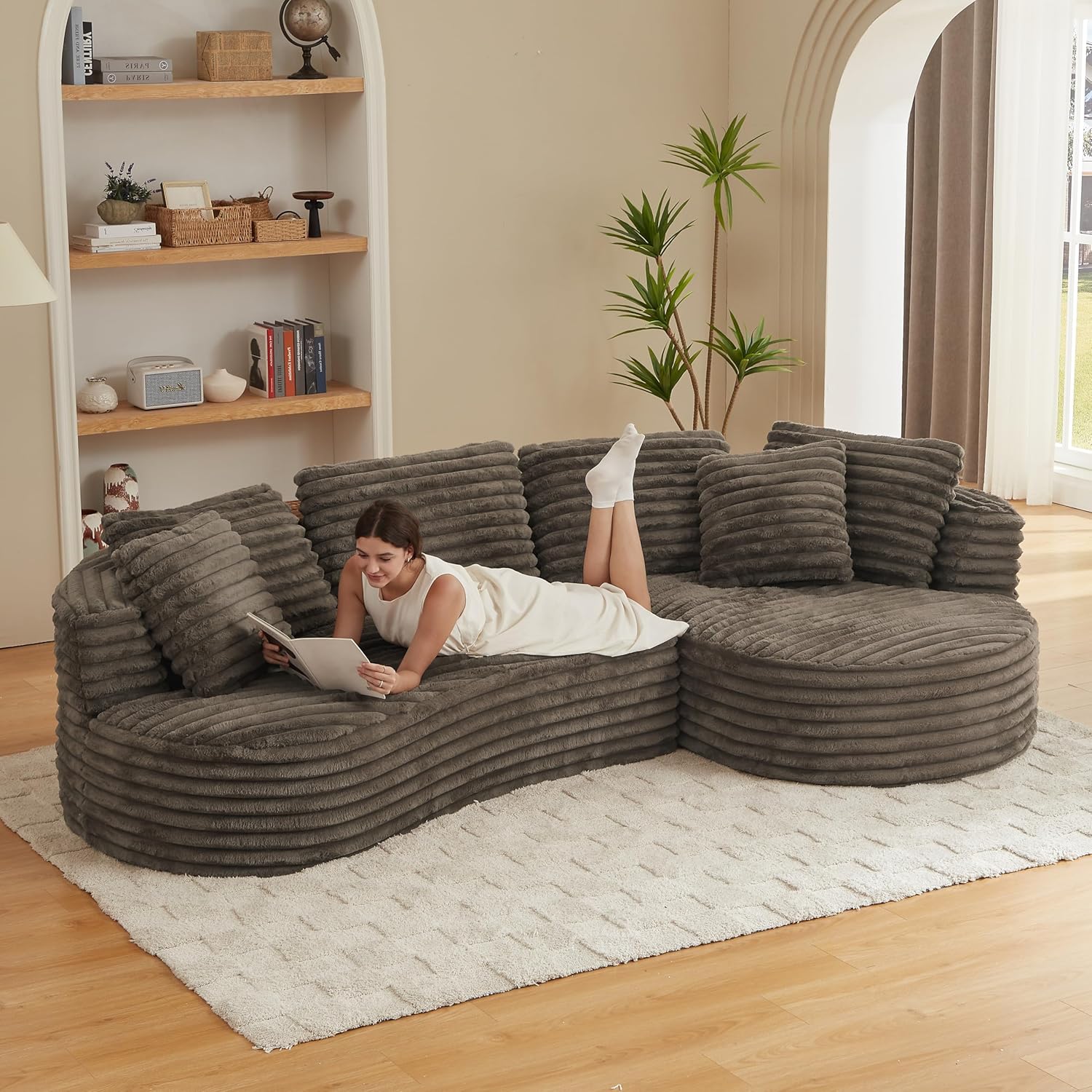 Modern Curved Sofa for Living Room,Minimalist deep seat,Ribbed Plush Corduroy Fabric Upholstery, L-Shaped with Round Chaise,Boneless Sectional Couch (Brown, Right Chaise Facing)