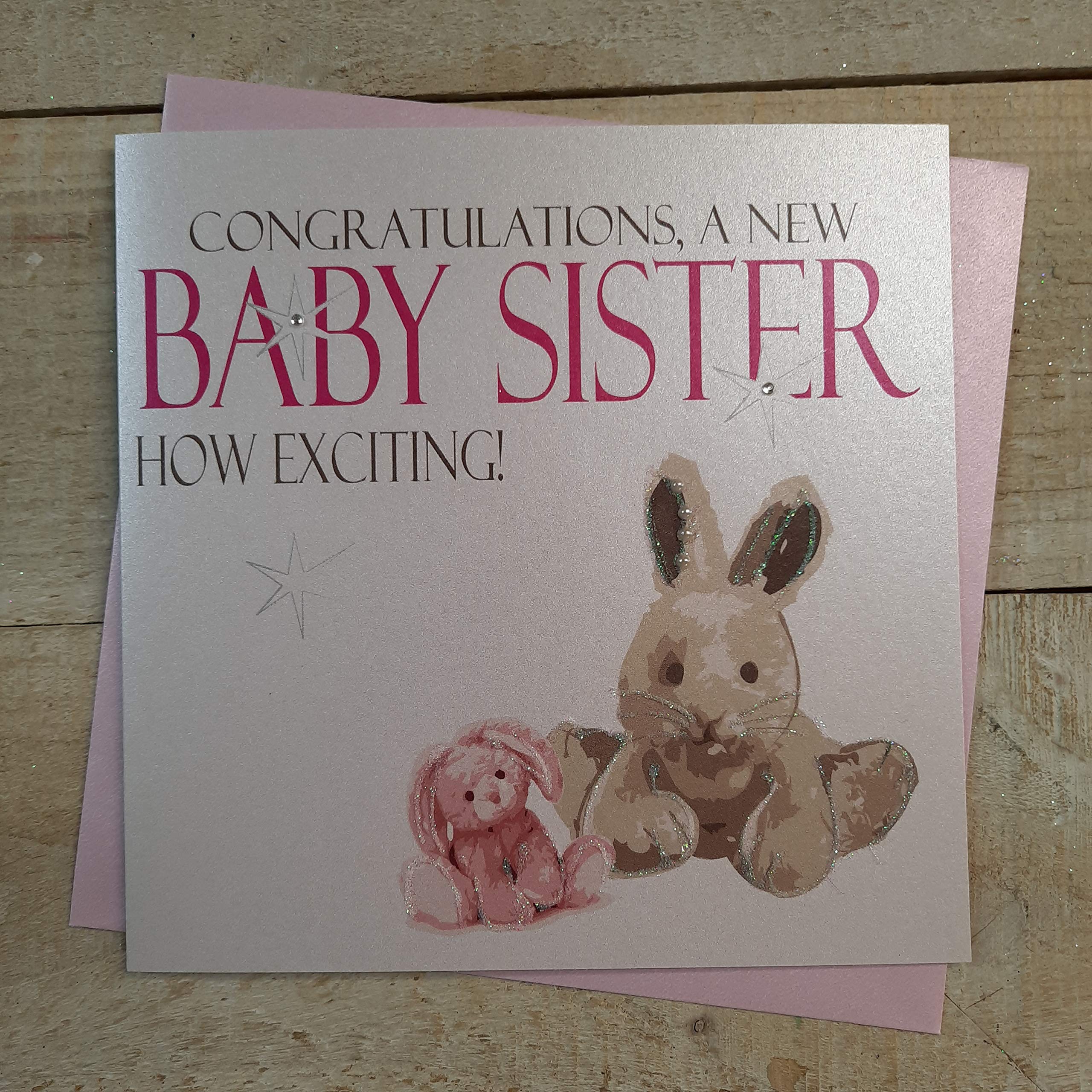 White Cotton Cards "Congratulations, A New Baby Sister How Exciting! Handmade Card,