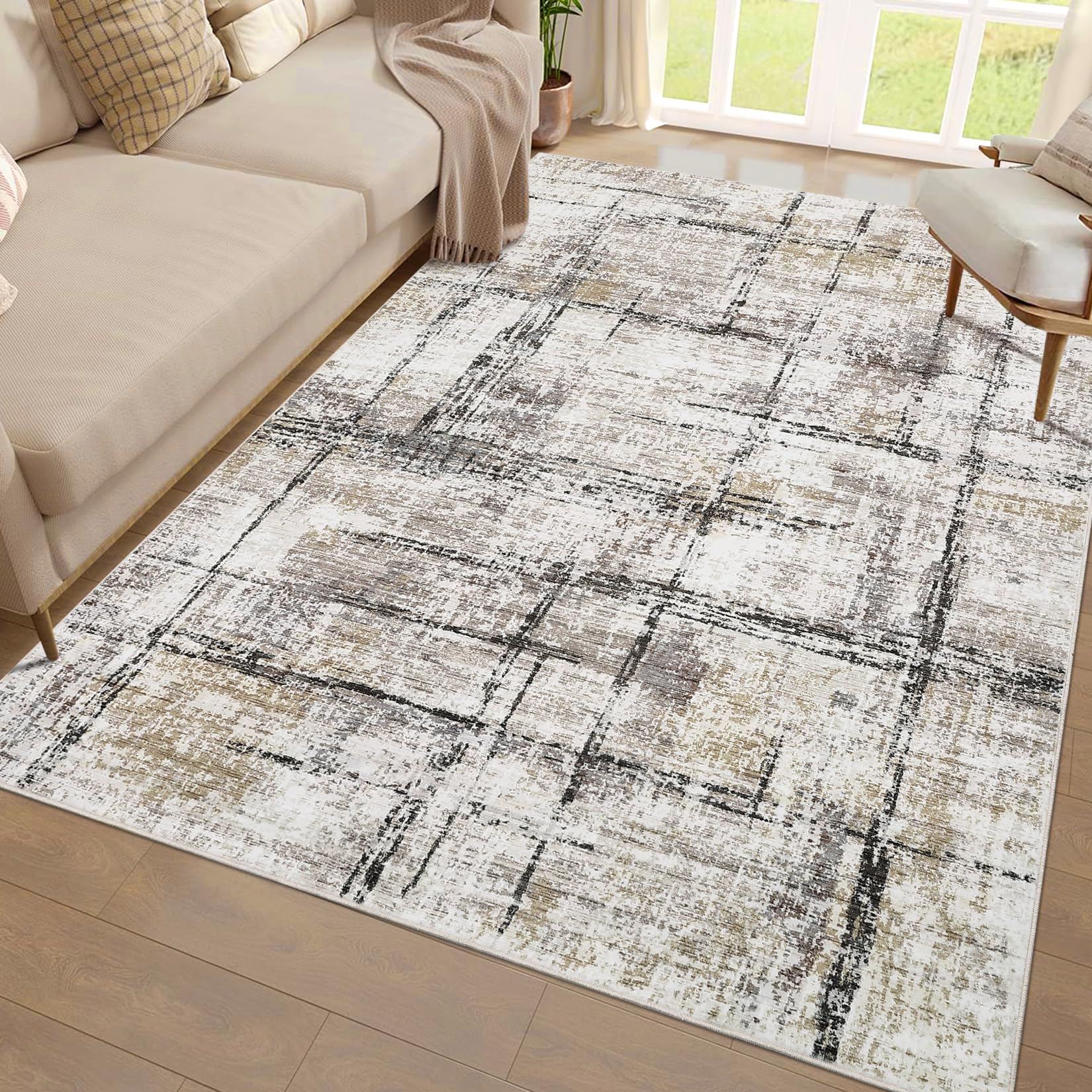 GarveeHome 5x7 Machine Washable Rug, Soft Modern Abstract Rug, Non Slip Non Shedding Low Pile Floor Carpet, Farmhouse Neutral Decorative Carpet for