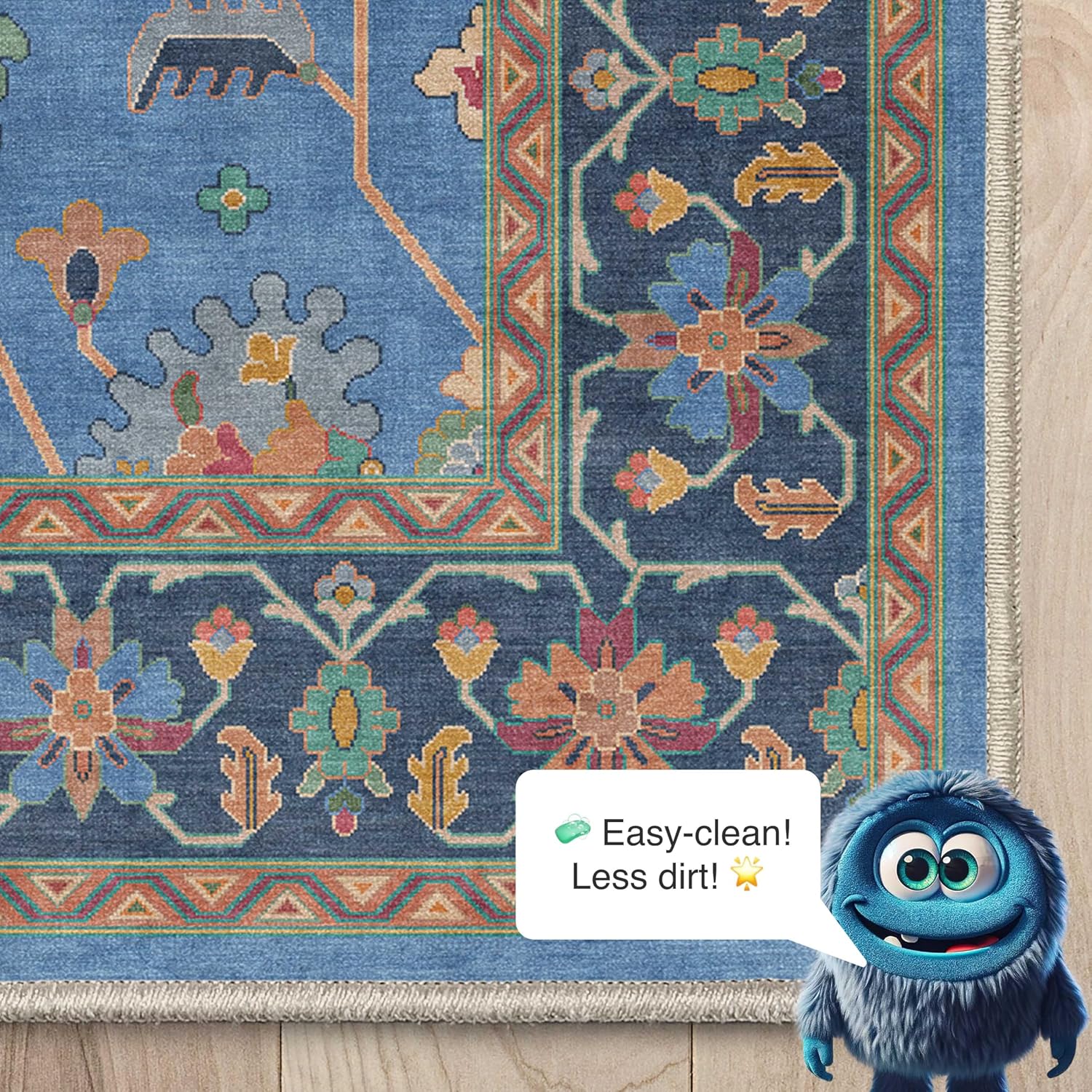 Well Woven Ushak Antalya Blue 7'7" x 9'10" Area Rug for Large Living Room and Dining Room - Modern Vintage Boho Design, Easy Clean, Floor-Friendly Backing
