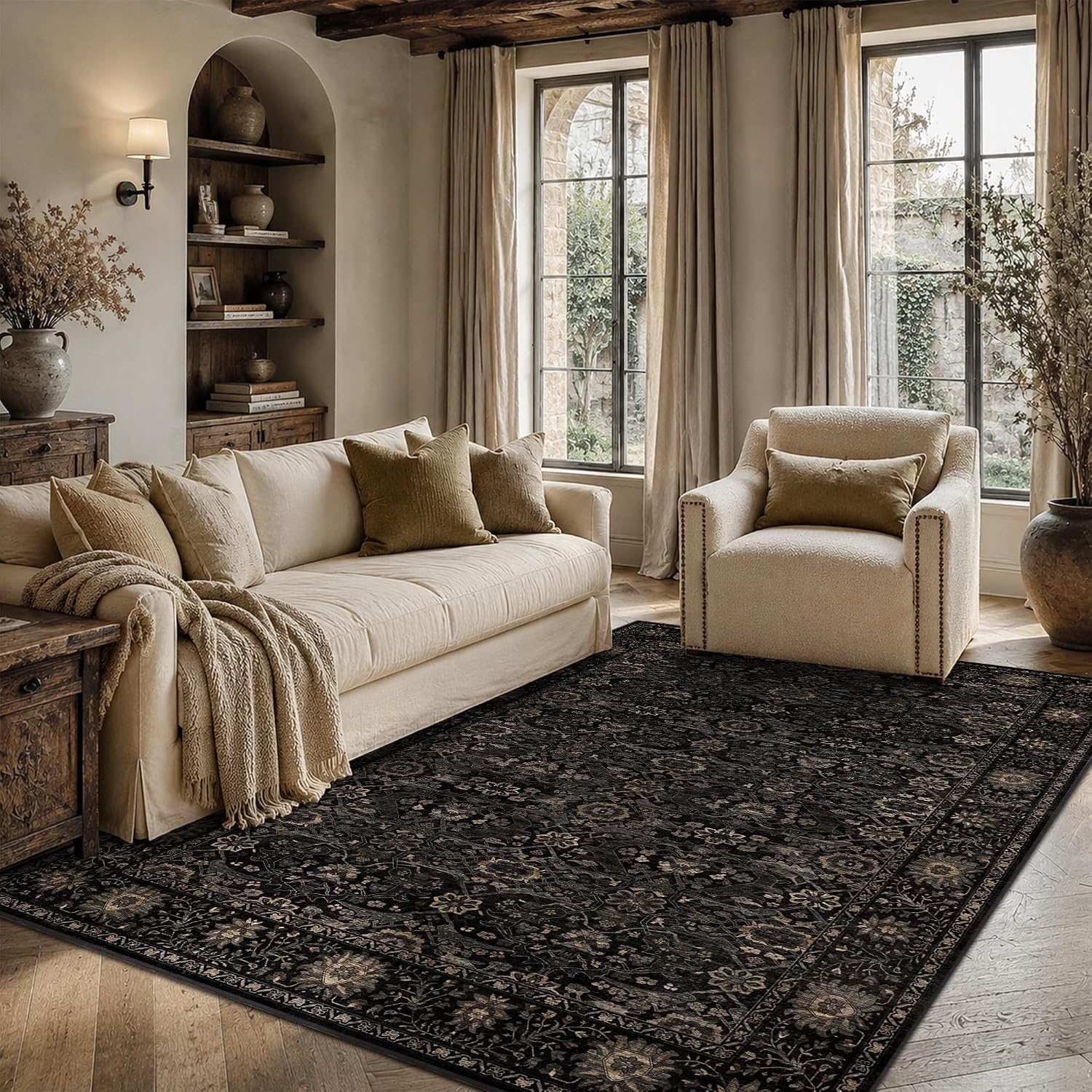5x7 Washable Rug for Living Room Large Vintage Bedroom Rug Black Gold