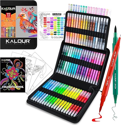 KALOUR Juego de 72 rotuladores artísticos, pincel de doble punta y punta fina, número de color y nombre, estuche con cremallera, colorante para
