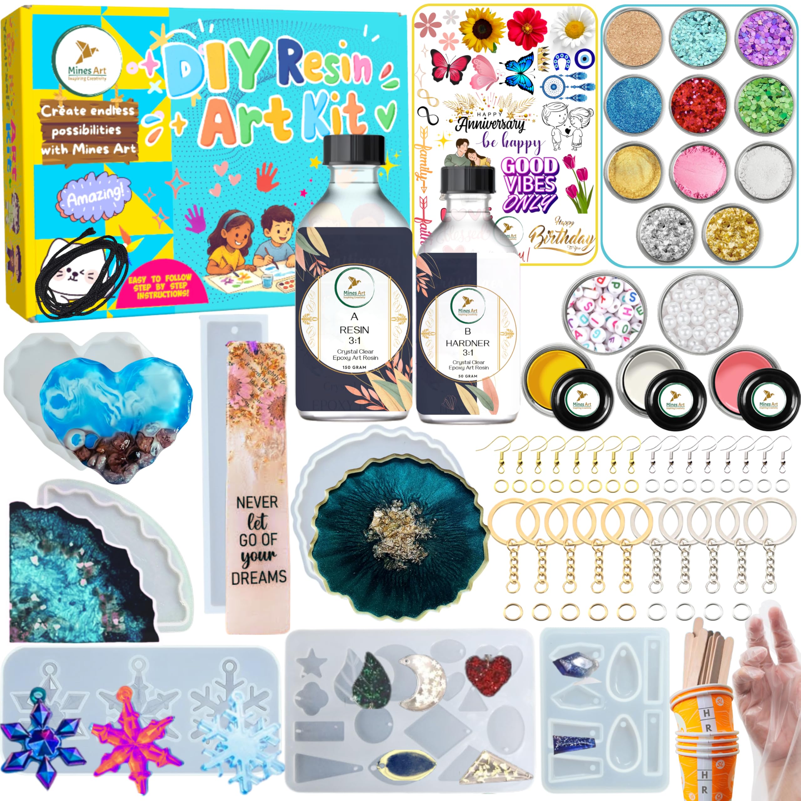 Mines Art Pro DIY Resin Art Kit Complete Crafting Kit with 200g Resin, 7 Moulds, Glitter, Pigments, Mica, Tools AMD Accessories for Keychains, Coasters, Earrings, Bookmarks & More - (MRA- 111)-image-39