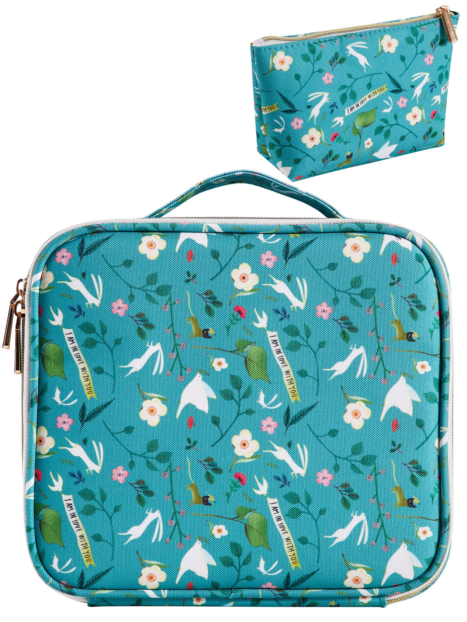 Schminktasche Schminkkoffer Make up Organizer Tasche Make up Bag mit Verstellbaren Teiler,Blauem Rosen