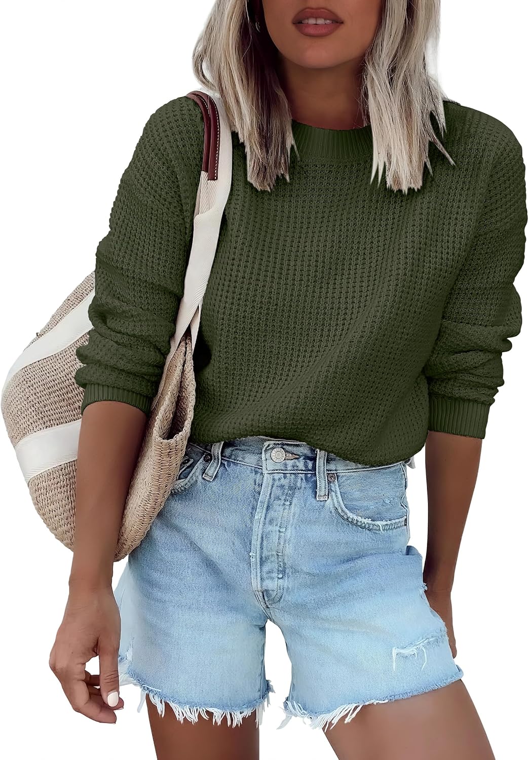 ANRABESS Womens Long Sleeve Oversized Casual Loose Fit Crewneck Waffle Knit Cozy Pullover Sweaters 2025 Fall Fashion