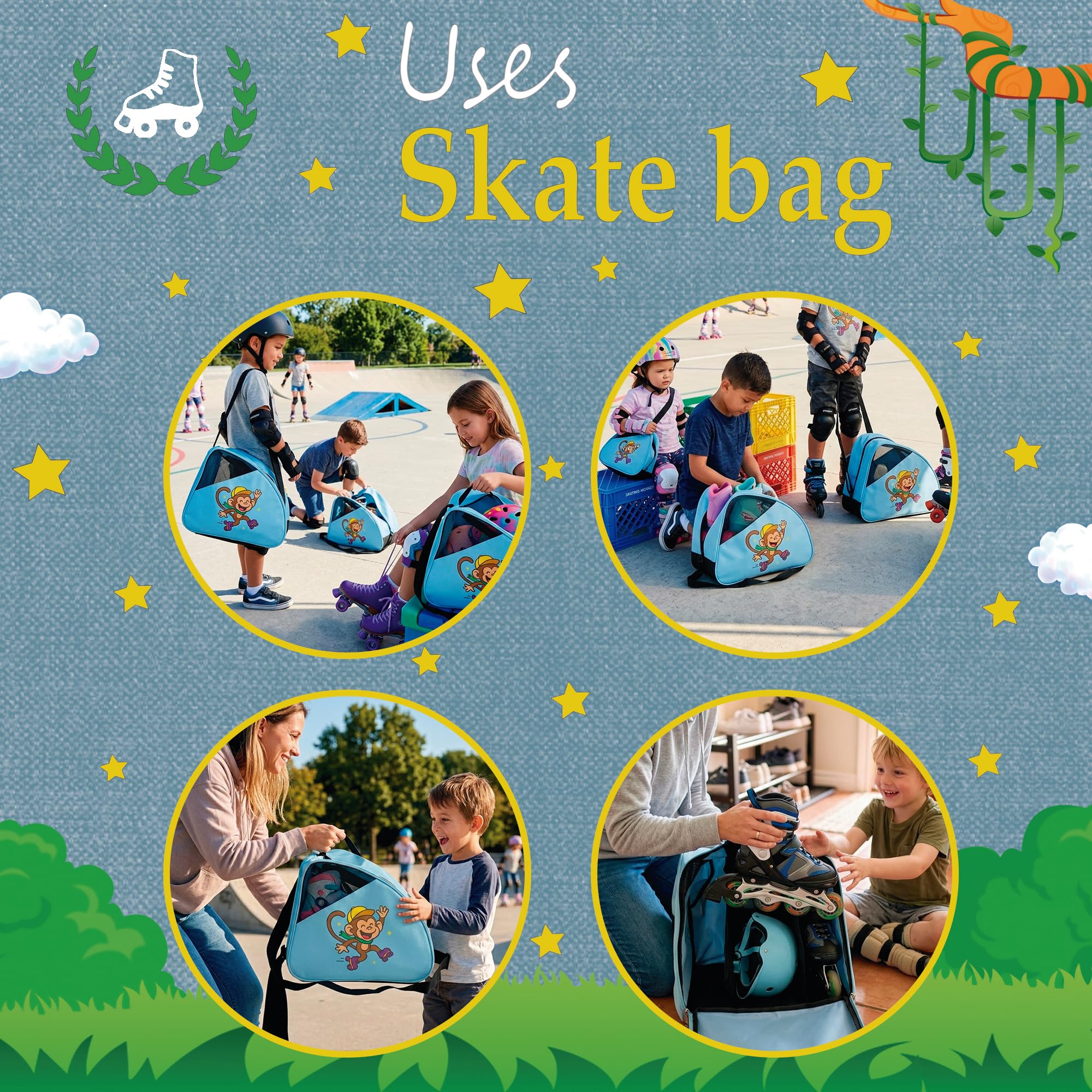 DOJA Barcelona Bolsa para Patines para Niños - Azul Mono - Correa Ajustable y Acolchada, Mochila Patines, Buena Capacidad para Equipamiento y Calcetines, Bolsa Niña y Niño, Material Resistente