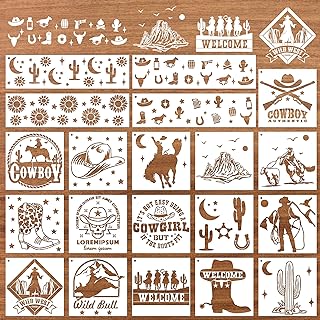 Keluna Western Cowboy Cowgirl Painting Stencils - 20 Reusable Stencils for Wood Burning, Landscape Cactus Western Scenes