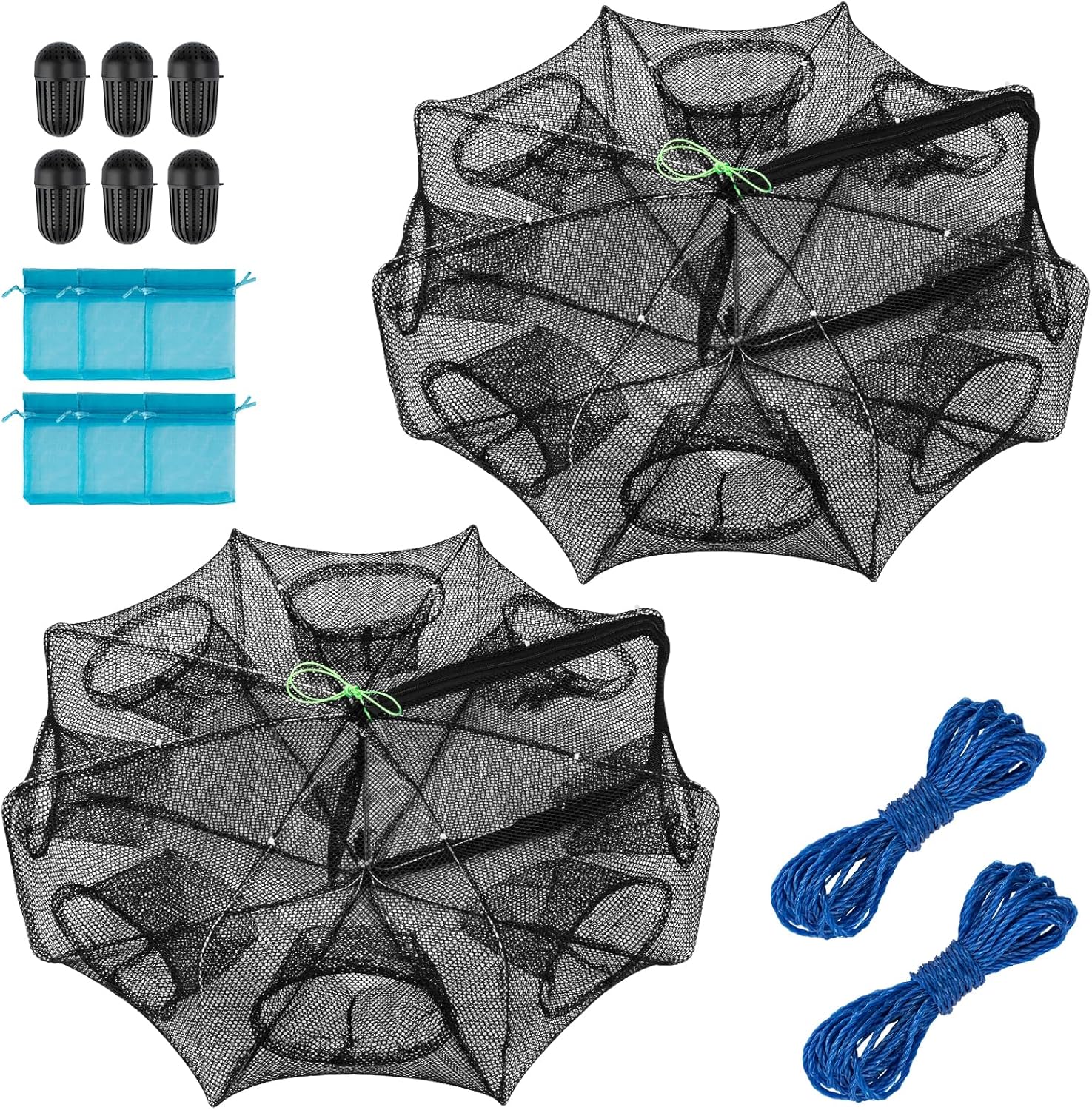 QualyQualy Fishing Bait Trap Crab Net Fishing Trap for Minnow/Crab/Shrimp/Crawdad with Rope, 6/8/10 Holes Large Space Fishing Net (6 Holes - 2 Pcs, 27.6 * 10'')