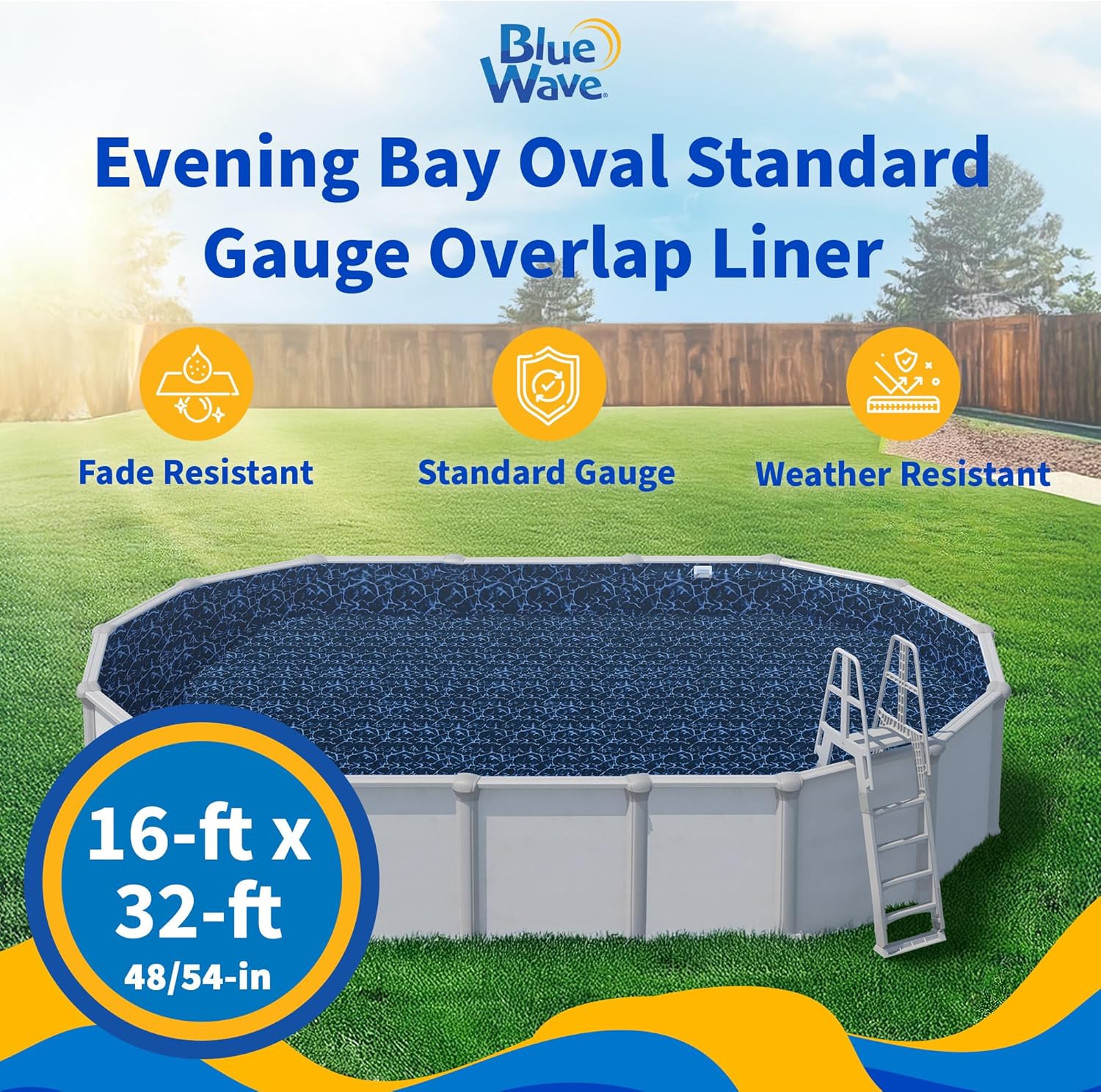 Blue Wave Evening Bay 16-ft x 32-ft Overlap Oval Pool Liner for Above-Ground Steel Wall Pools – Weather Resistant Standard Gauge Vinyl w/Welded Seams – Dark Blue, 48/54-In Depth Walls