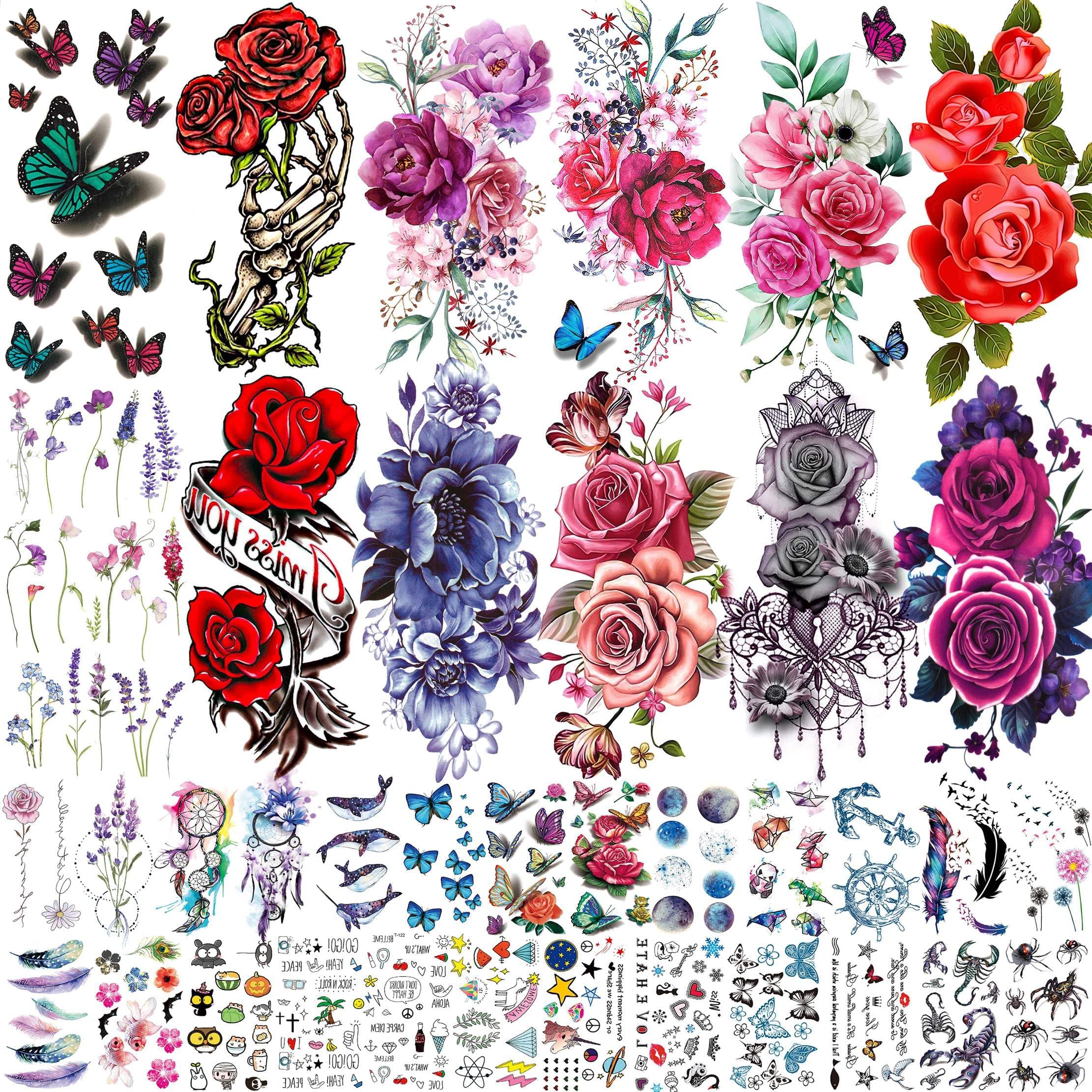 38 Sheets Peony Rose Flower Temporary Tattoos For Women Adults Thigh, 3D Butterfly Lavander Fake Tattoos Girls Arm Sleeve, Realistic Watercolor Floral Temp Tattoo Sticker Finger Neck Tatoos