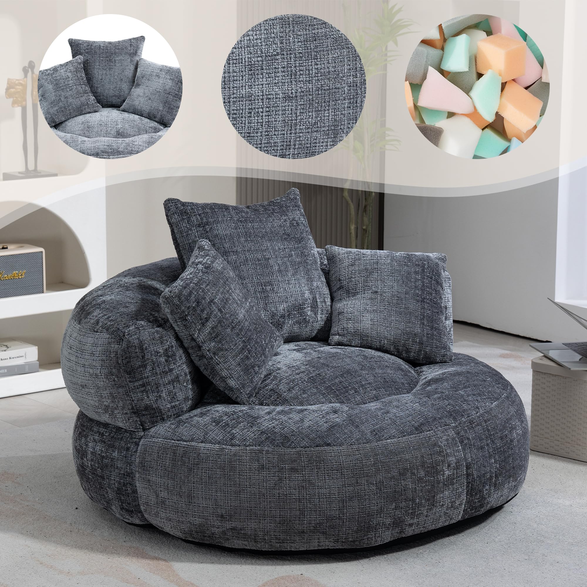 Sofá holgazán VIEKOS duradero y cómodo con respaldo alto, asiento de felpa en forma de bolsa para silla, sofá con TRES cojines para adultos y niños, para interiores y exteriores, sofá individual para