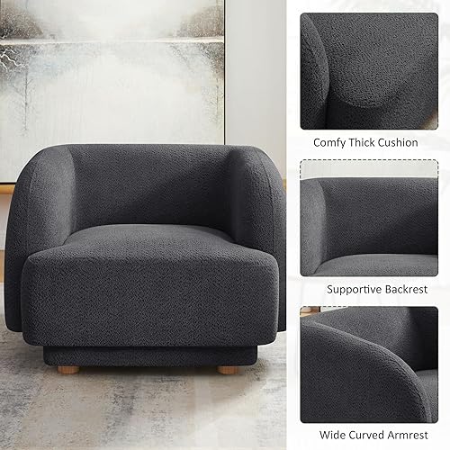 Miniatura 4 de VANOMi Silla de sala de estar de gran tamaño, sillas de barril modernas y cómodas, sillón individual con patas de madera, sillón tapizado para
